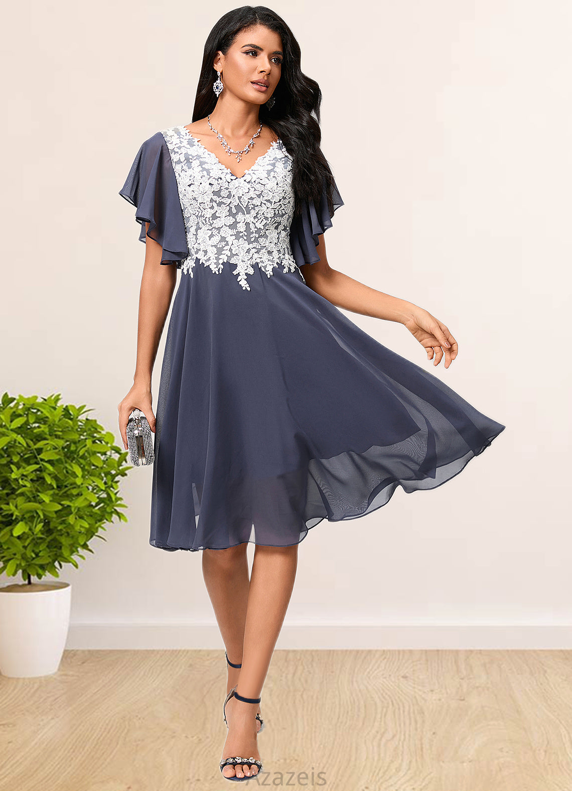 Brittany A-line V-Neck Knee-Length Chiffon Lace Cocktail Dress DFP0022376