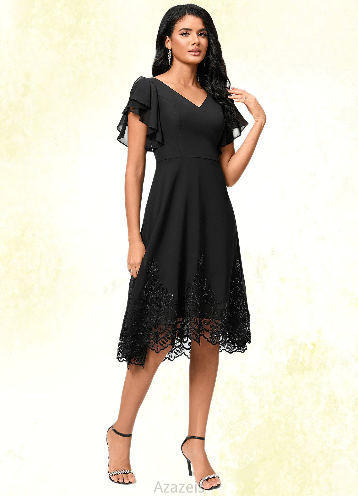 Peggie A-line V-Neck Asymmetrical Chiffon Lace Cocktail Dress With Sequins DFP0022377