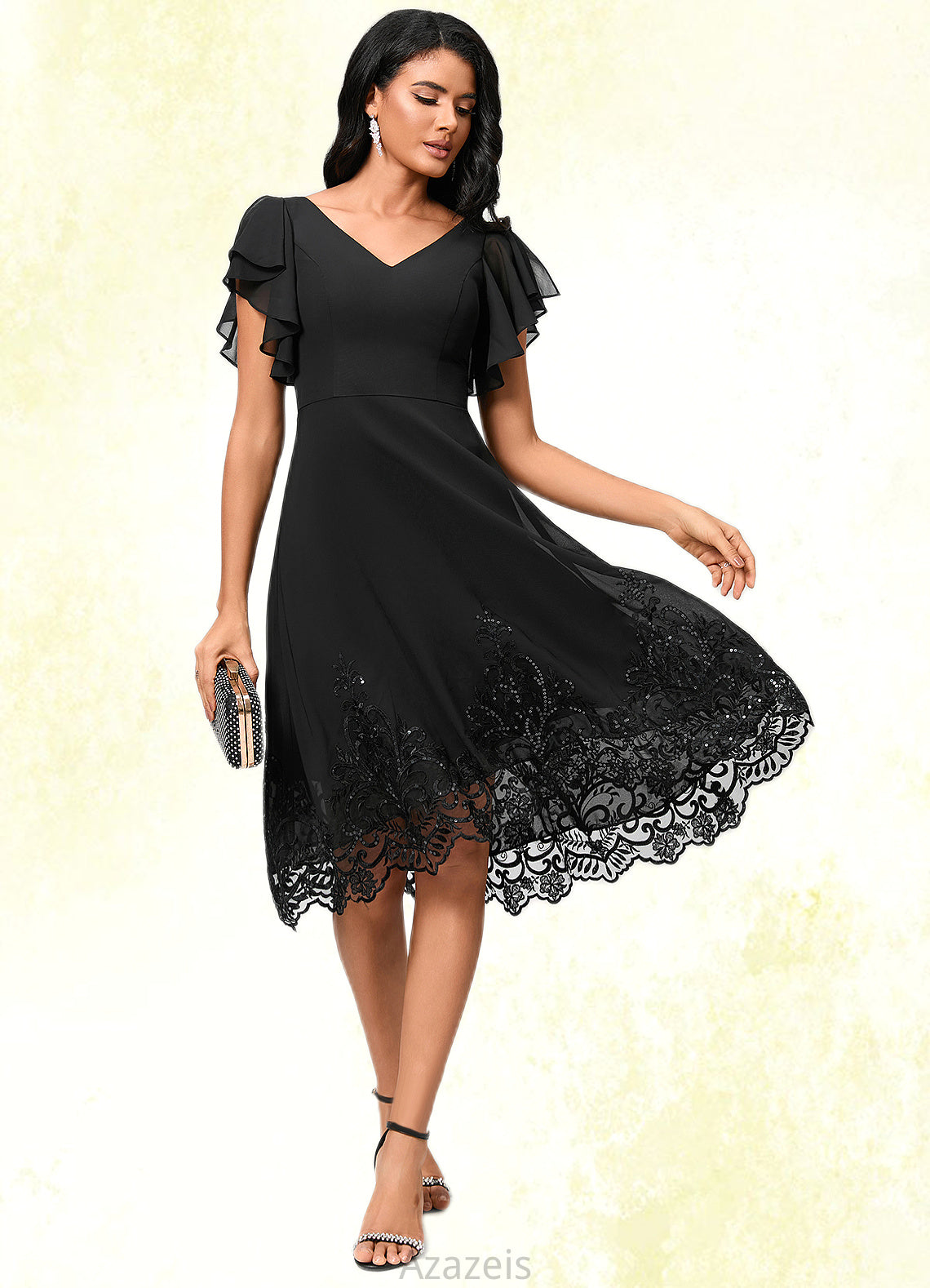 Peggie A-line V-Neck Asymmetrical Chiffon Lace Cocktail Dress With Sequins DFP0022377