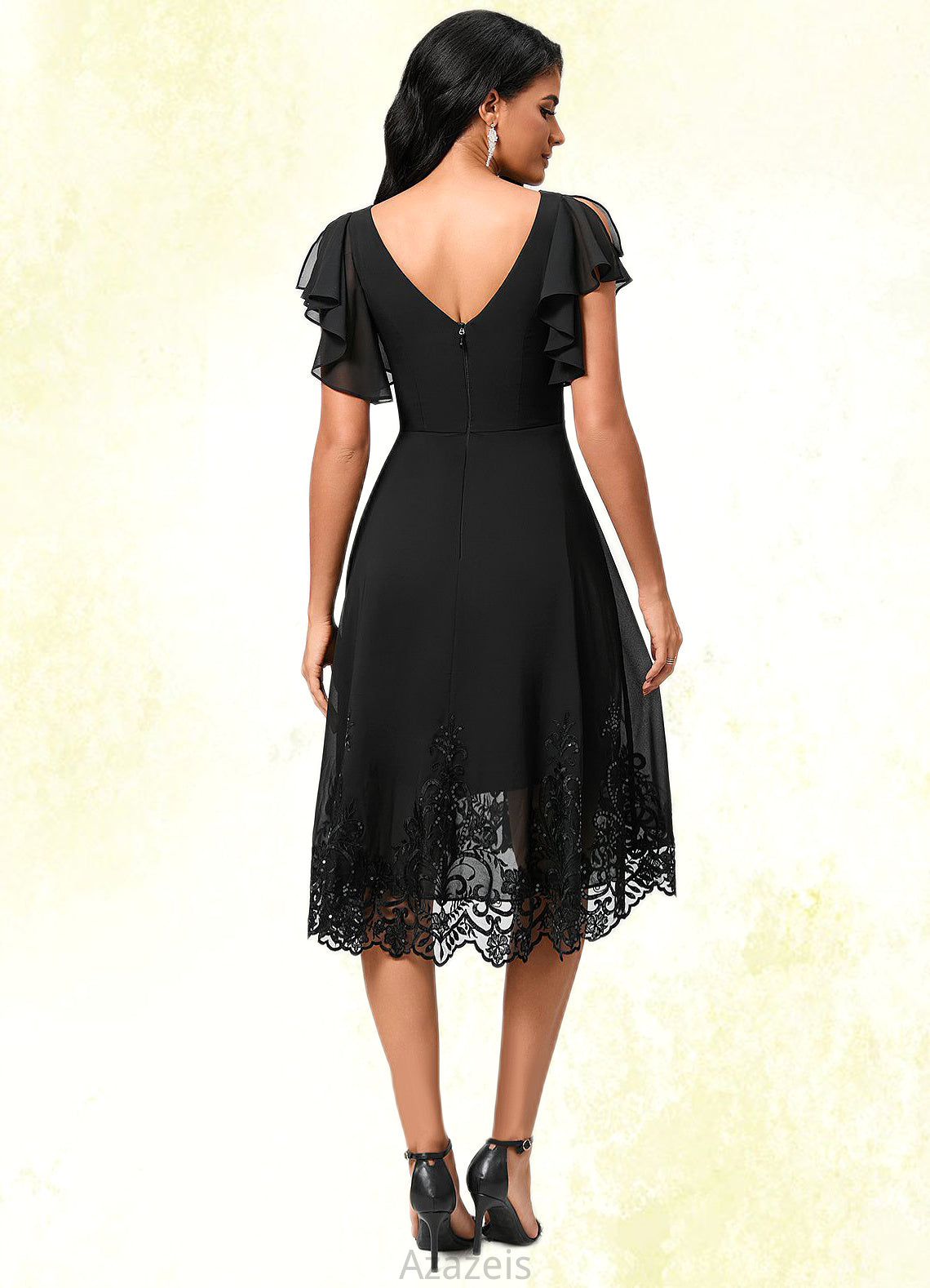 Peggie A-line V-Neck Asymmetrical Chiffon Lace Cocktail Dress With Sequins DFP0022377