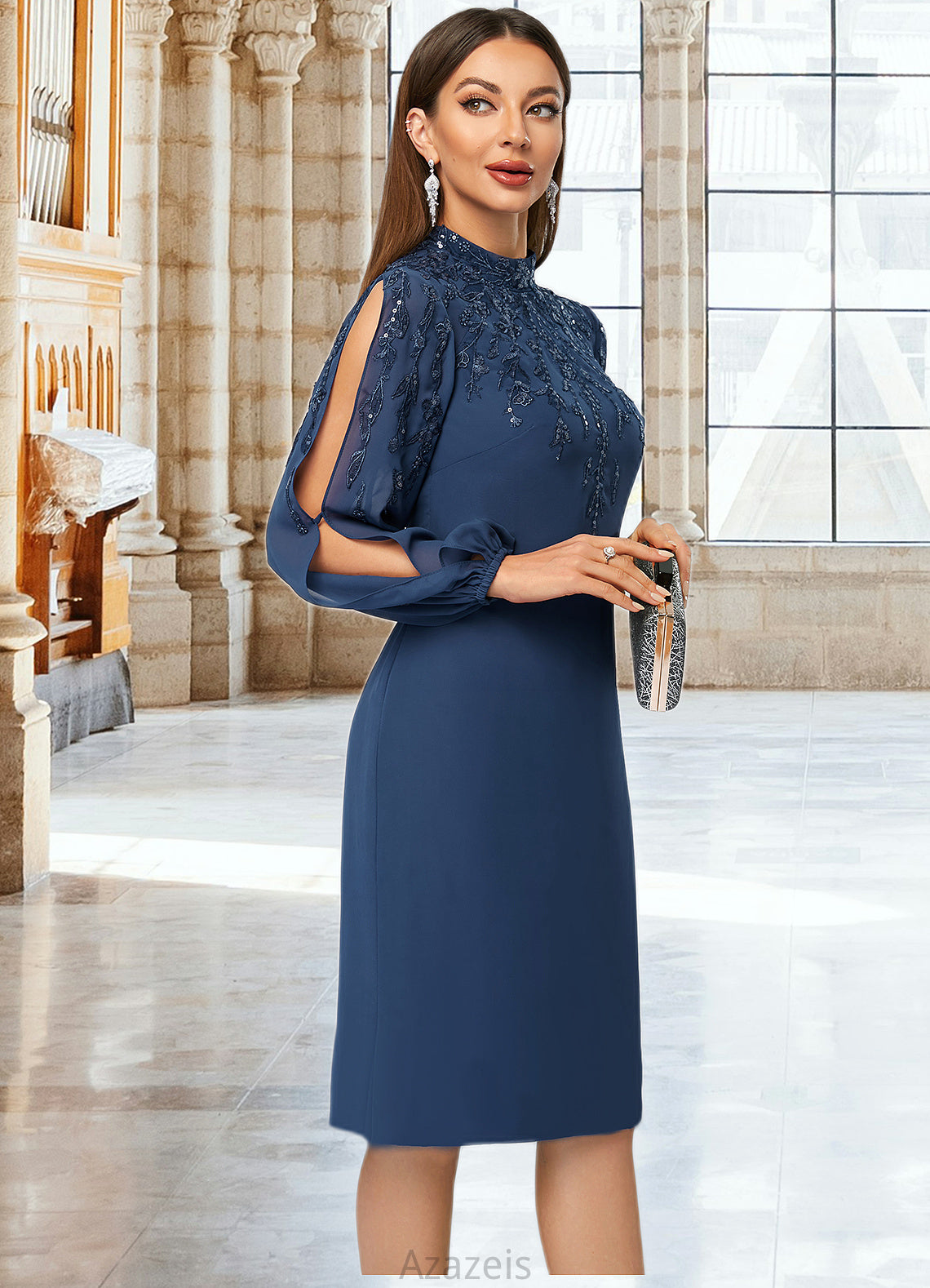 Yareli Sheath/Column High Neck Knee-Length Chiffon Cocktail Dress With Appliques Lace Sequins DFP0022408