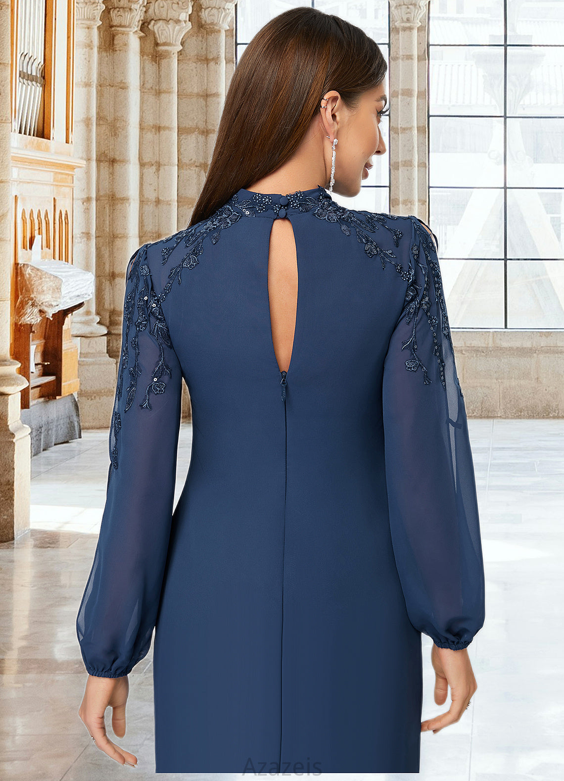 Yareli Sheath/Column High Neck Knee-Length Chiffon Cocktail Dress With Appliques Lace Sequins DFP0022408