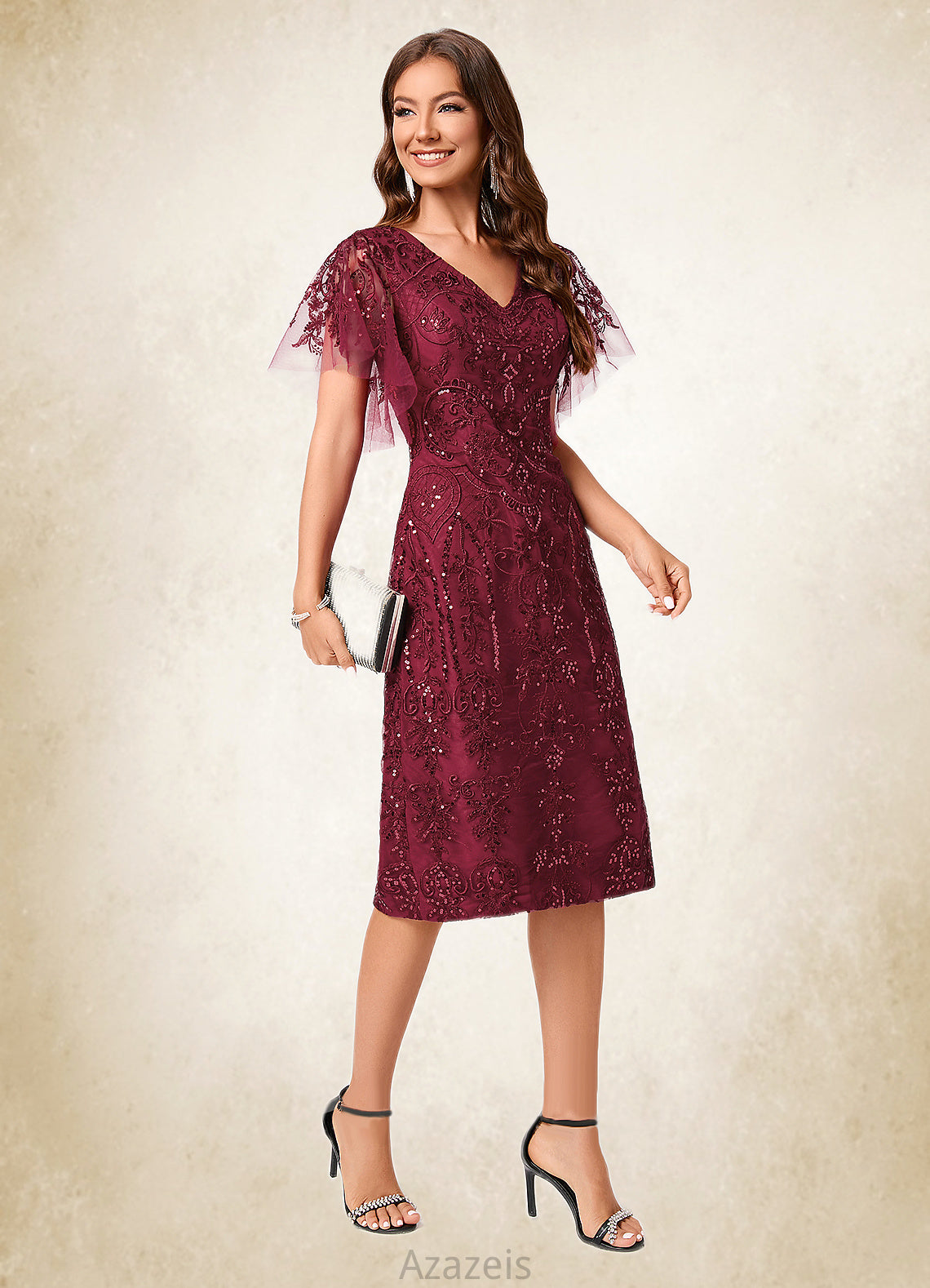 Hillary A-line Off the Shoulder Knee-Length Lace Sequin Cocktail Dress With Sequins DFP0022420