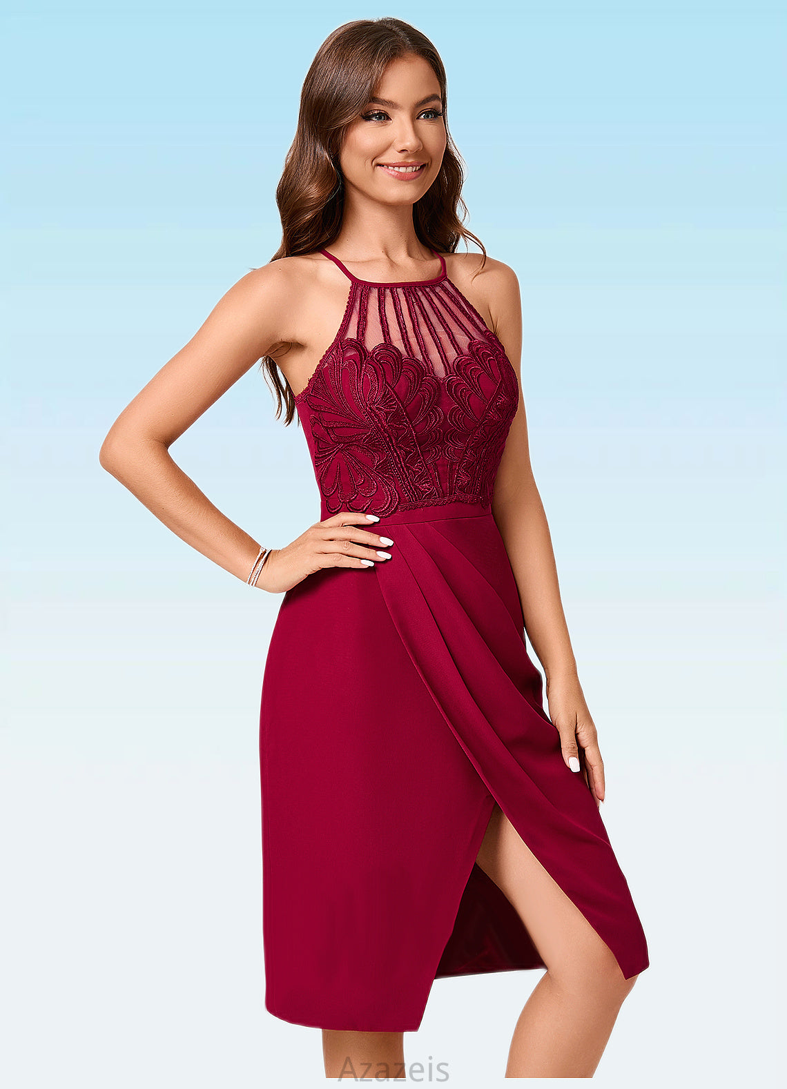 Mikaela Sheath/Column V-Neck Knee-Length Chiffon Lace Cocktail Dress With Ruffle DFP0022421