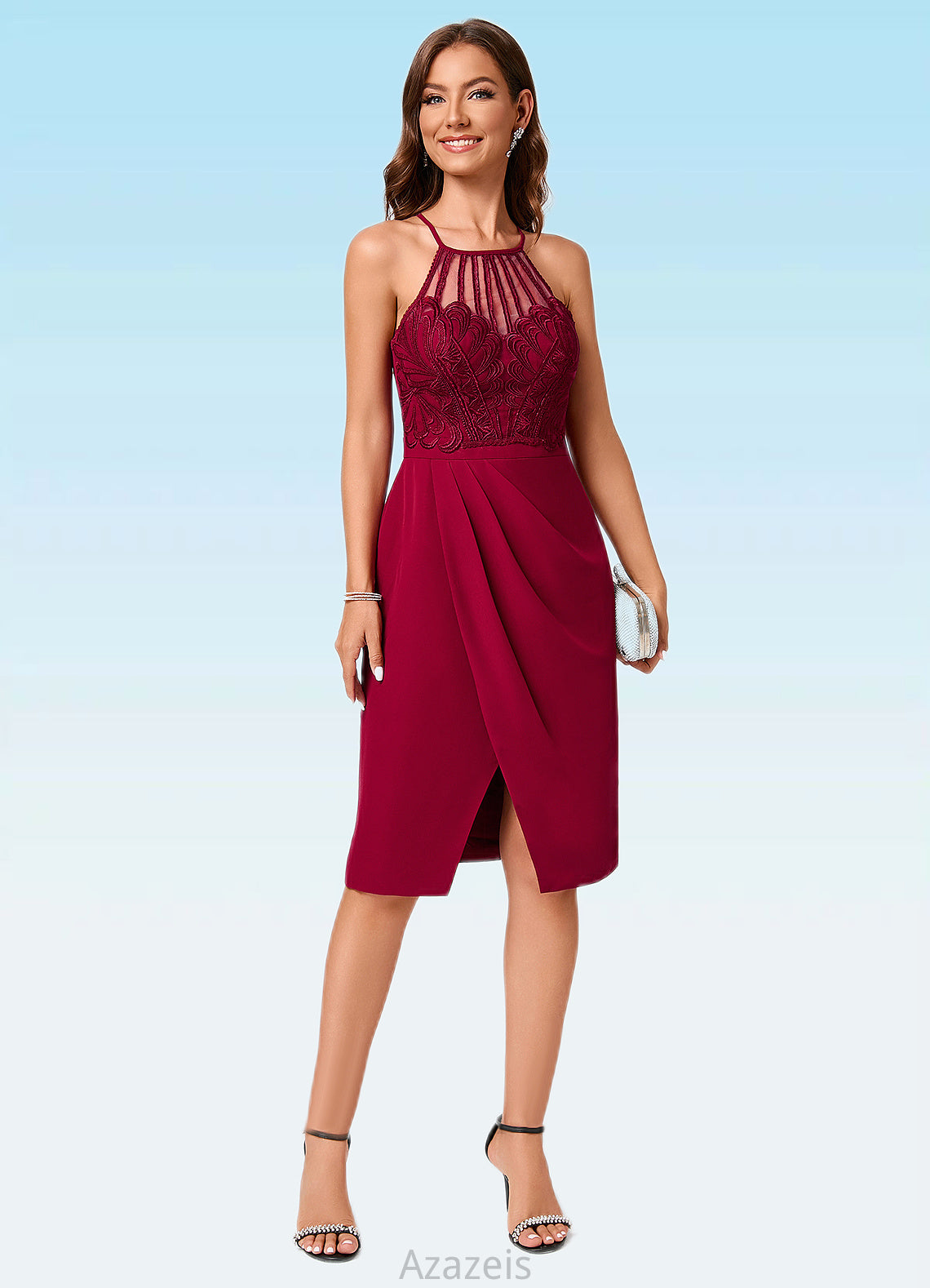 Mikaela Sheath/Column V-Neck Knee-Length Chiffon Lace Cocktail Dress With Ruffle DFP0022421