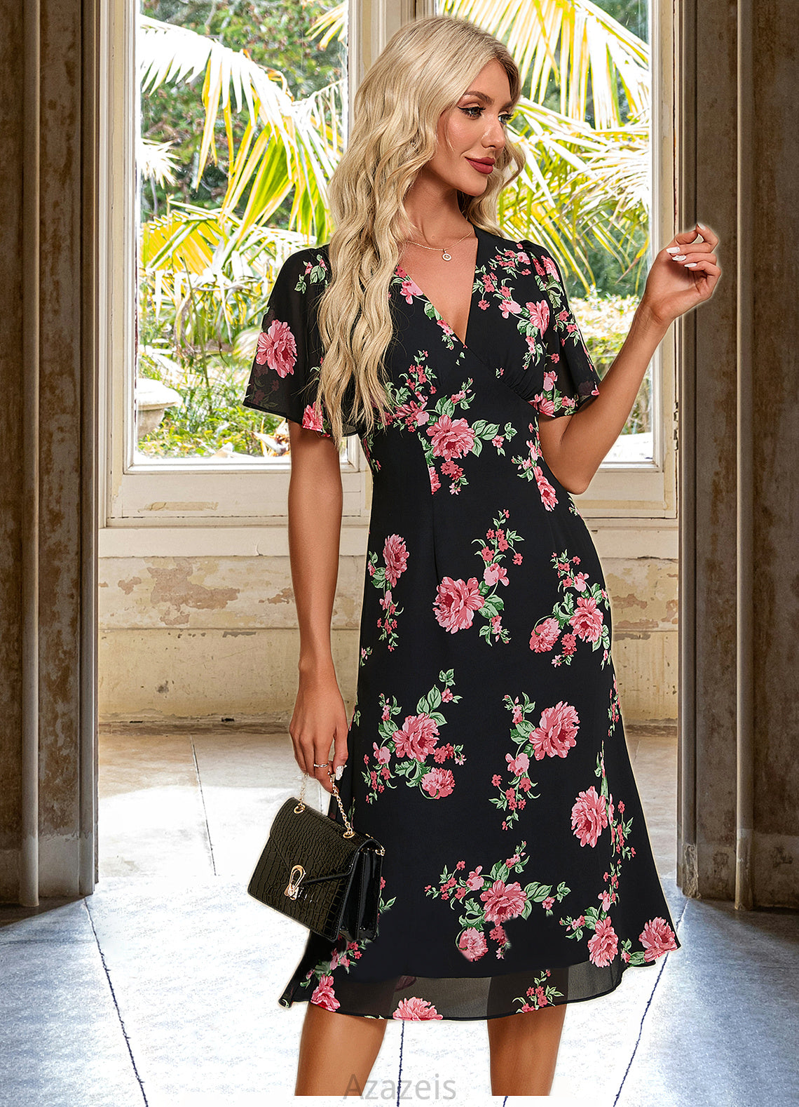 Lynn Floral Print V-Neck Elegant A-line Chiffon Midi Dresses DFP0022424