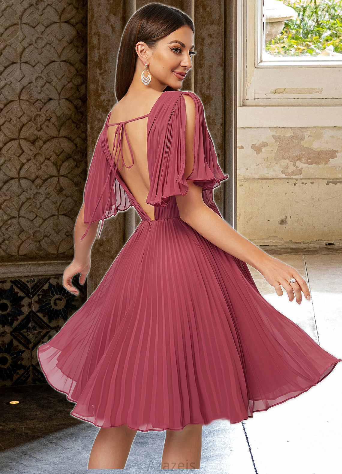 Angelica A-line V-Neck Knee-Length Chiffon Cocktail Dress With Pleated DFP0022429