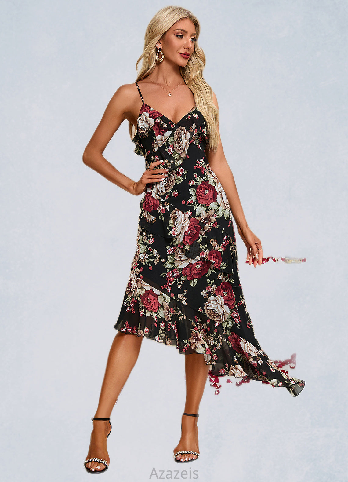 Ashtyn Ruffle Floral Print V-Neck Elegant A-line Chiffon Asymmetrical Dresses DFP0022447