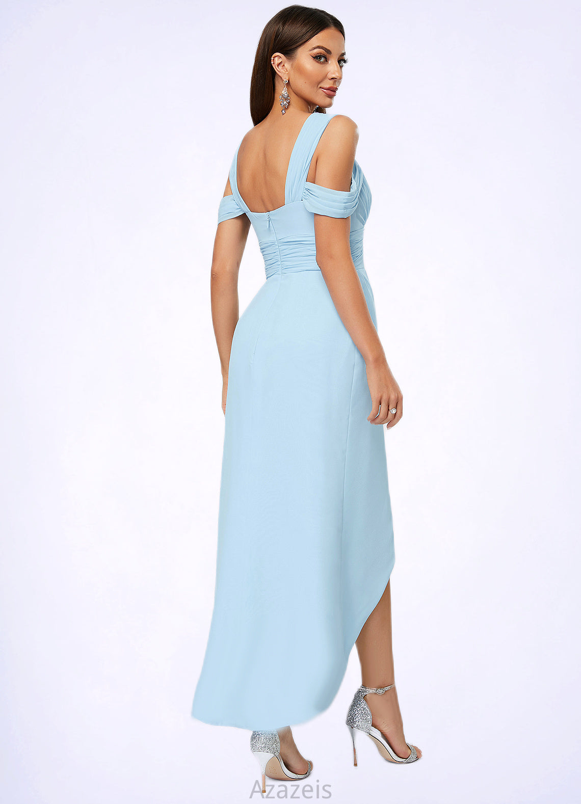 Eve Sheath/Column Cold Shoulder Asymmetrical Chiffon Cocktail Dress With Ruffle DFP0022462