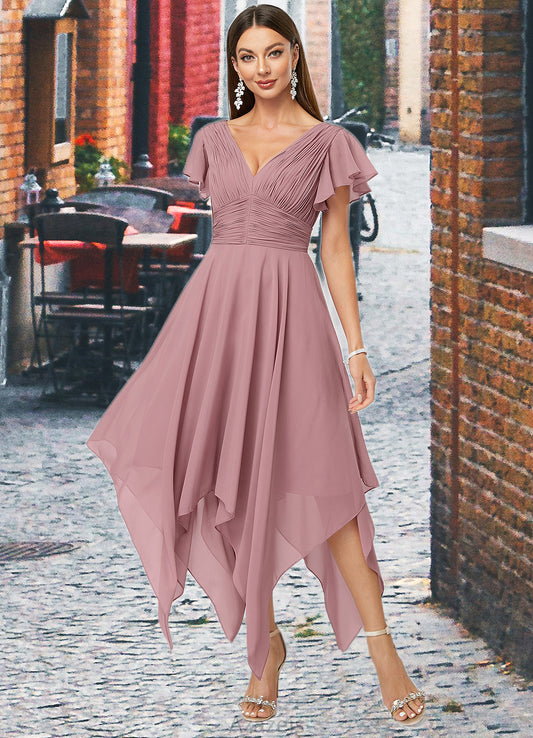Carissa A-line V-Neck Ankle-Length Chiffon Cocktail Dress With Ruffle DFP0022486