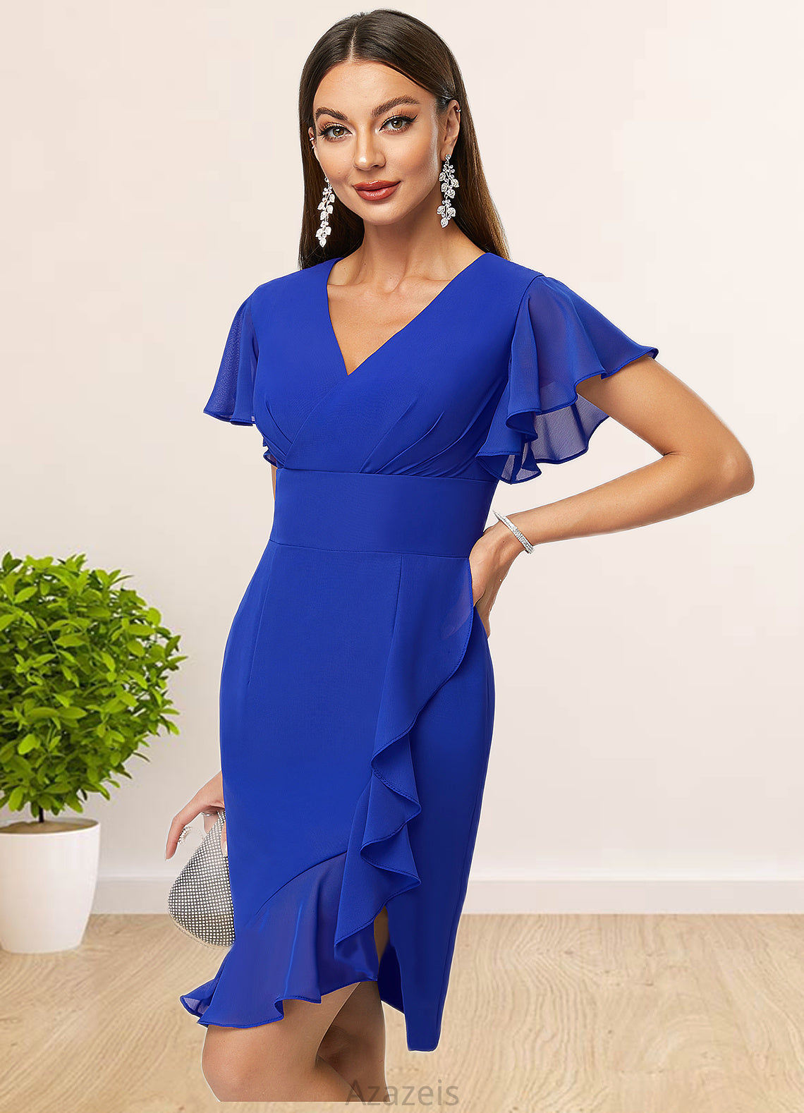 Rory Sheath/Column V-Neck Knee-Length Chiffon Cocktail Dress With Cascading Ruffles DFP0022487