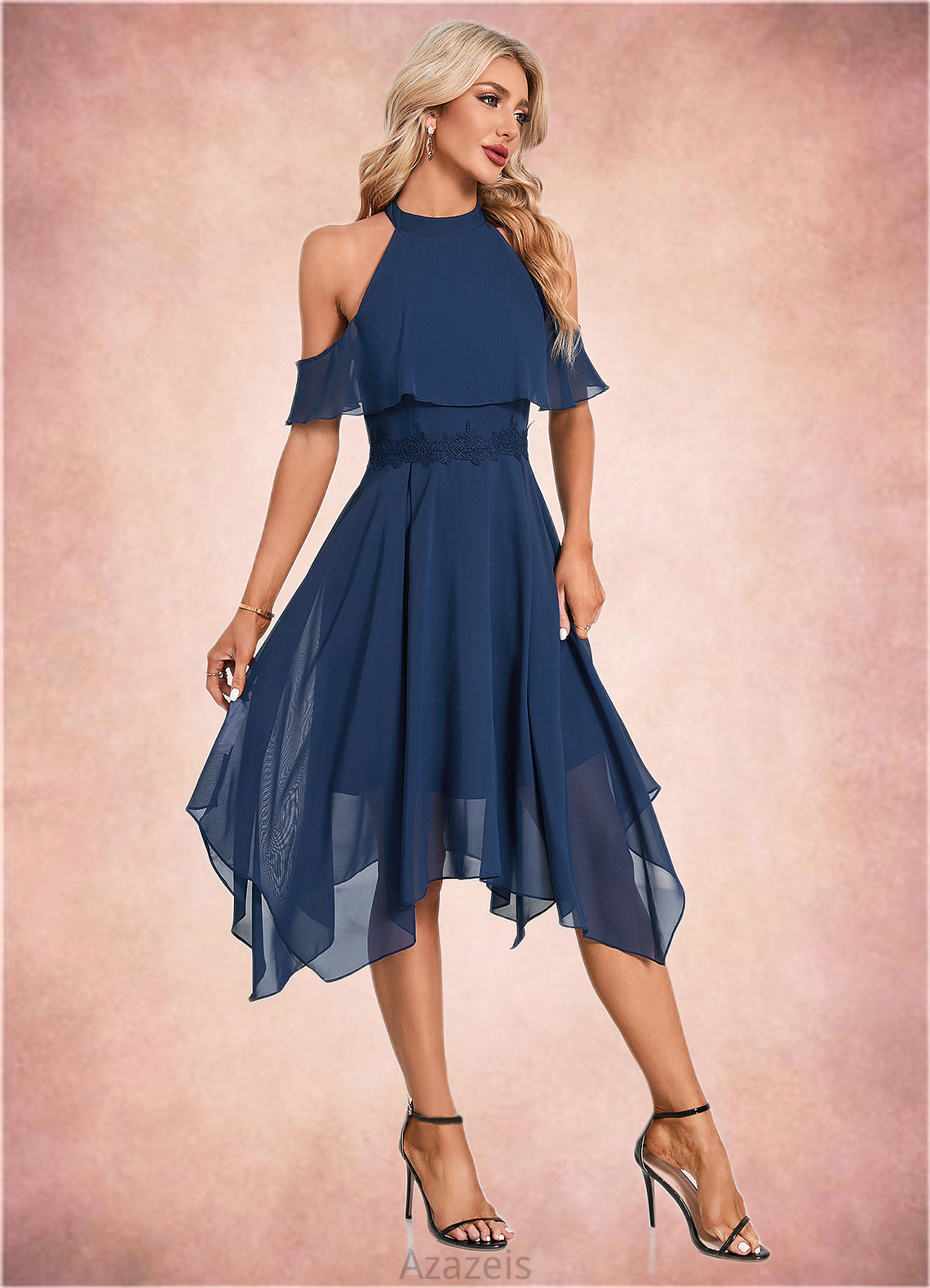 Lauretta Appliques Lace Off the Shoulder Elegant A-line Chiffon Asymmetrical Dresses DFP0022489