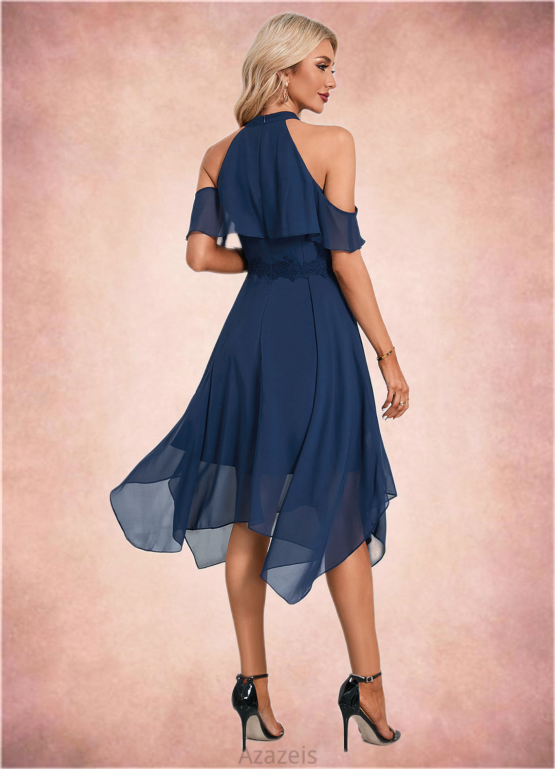 Lauretta Appliques Lace Off the Shoulder Elegant A-line Chiffon Asymmetrical Dresses DFP0022489