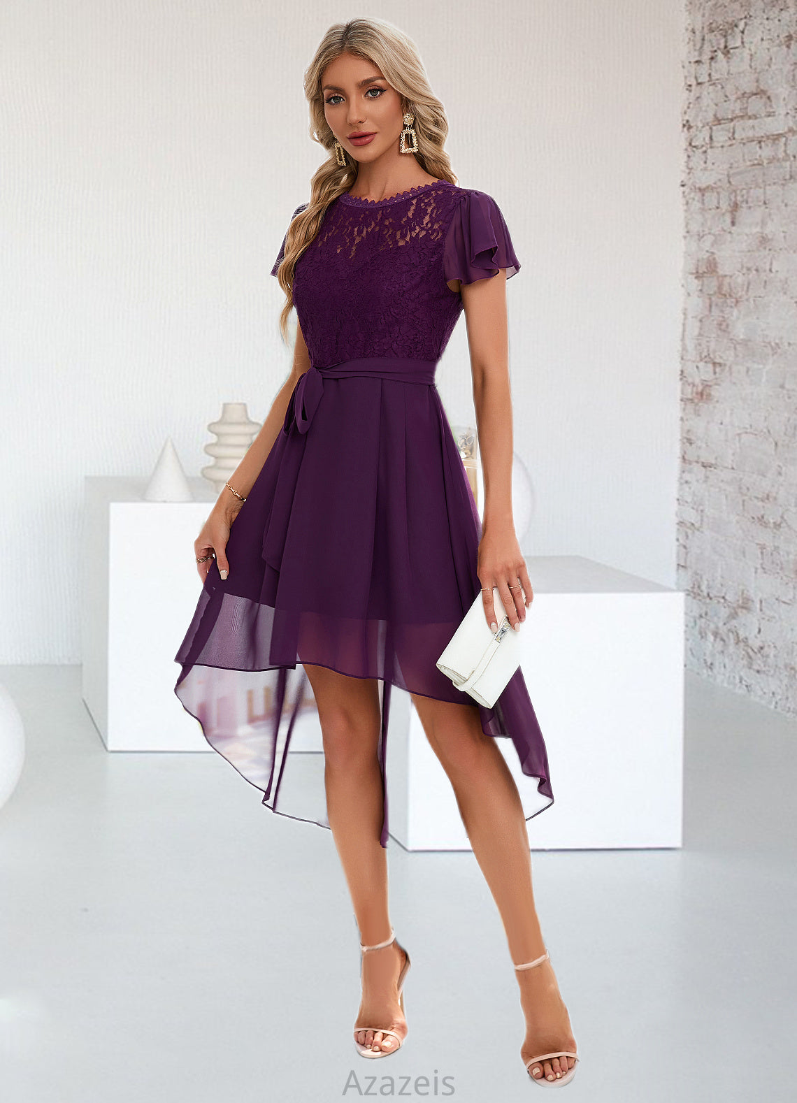 Eleanor Cascading Ruffles Asymmetrical Elegant A-line Chiffon Ankle-Length Dresses DFP0022494