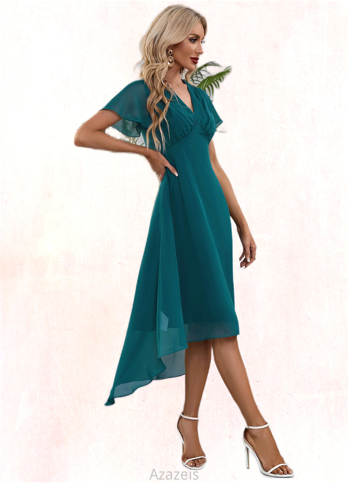 Helena V-Neck Elegant A-line Chiffon Asymmetrical Midi Dresses DFP0022495