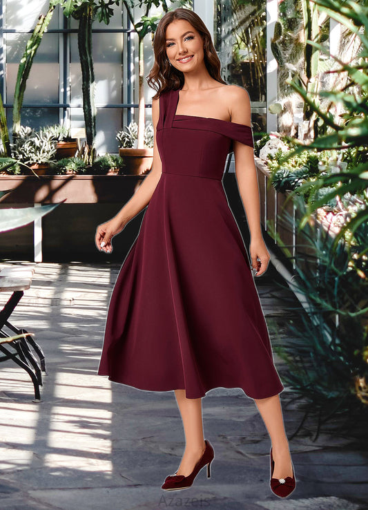 Jaslene A-line One Shoulder Tea-Length Stretch Crepe Cocktail Dress With Ruffle DFP0022501