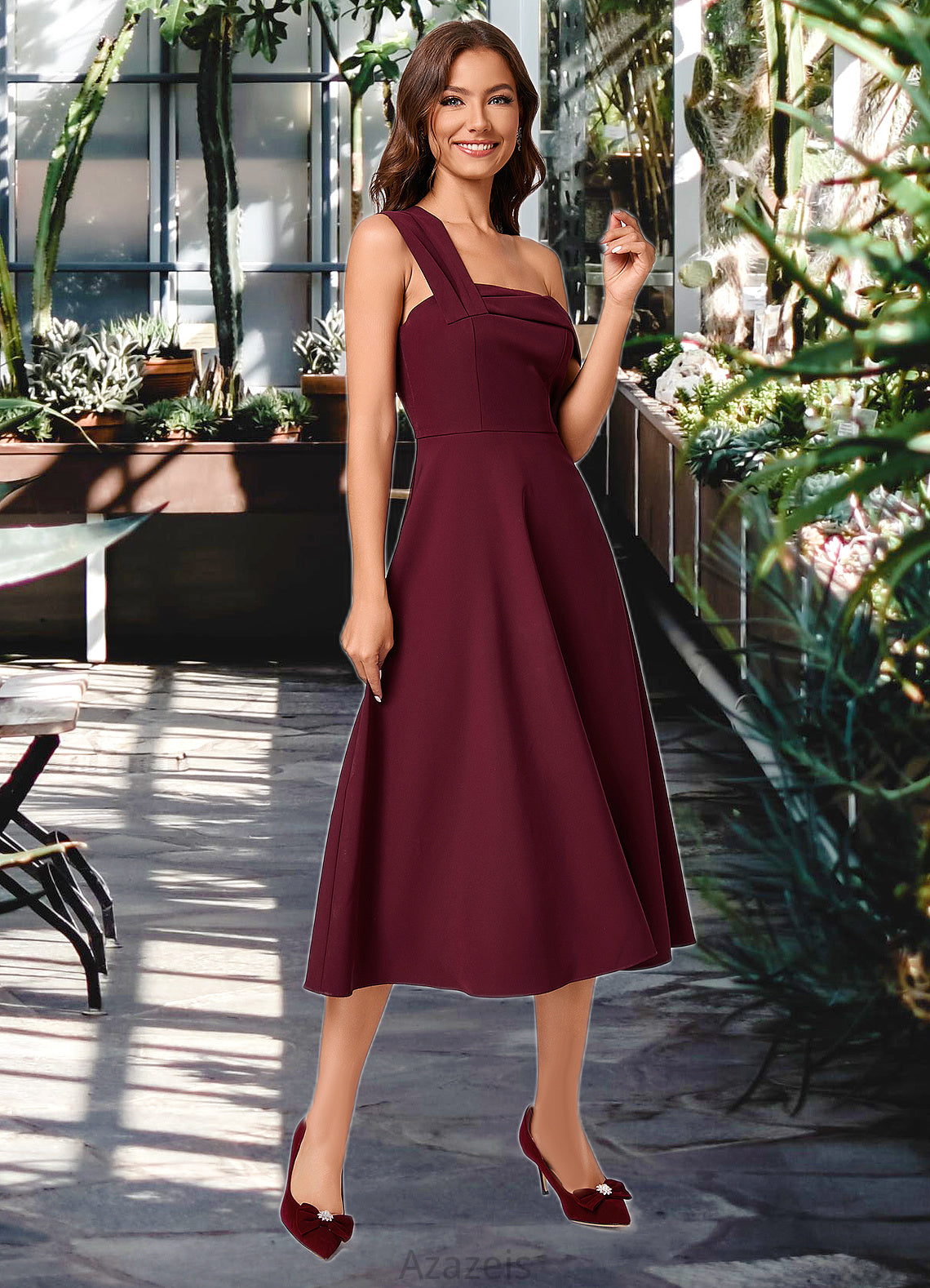 Jaslene A-line One Shoulder Tea-Length Stretch Crepe Cocktail Dress With Ruffle DFP0022501