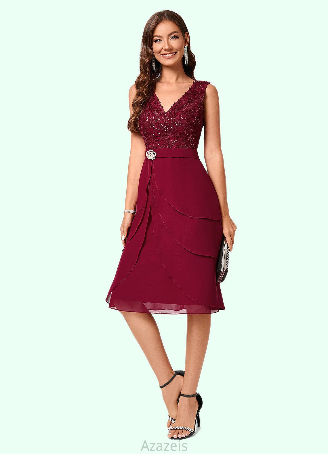 Kassandra Sheath/Column V-Neck Knee-Length Chiffon Lace Sequin Cocktail Dress With Ruffle Sequins DFP0022503