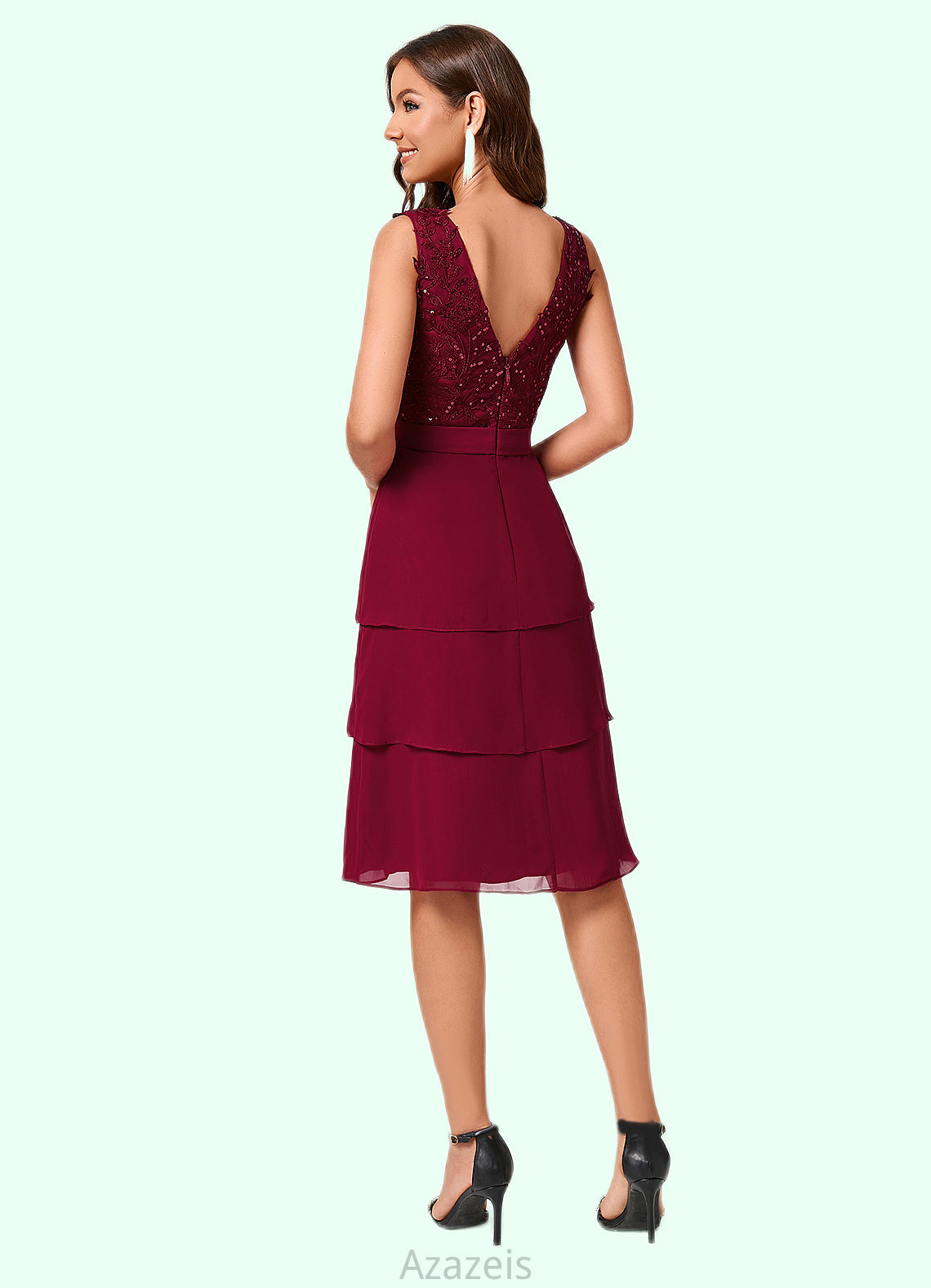 Kassandra Sheath/Column V-Neck Knee-Length Chiffon Lace Sequin Cocktail Dress With Ruffle Sequins DFP0022503