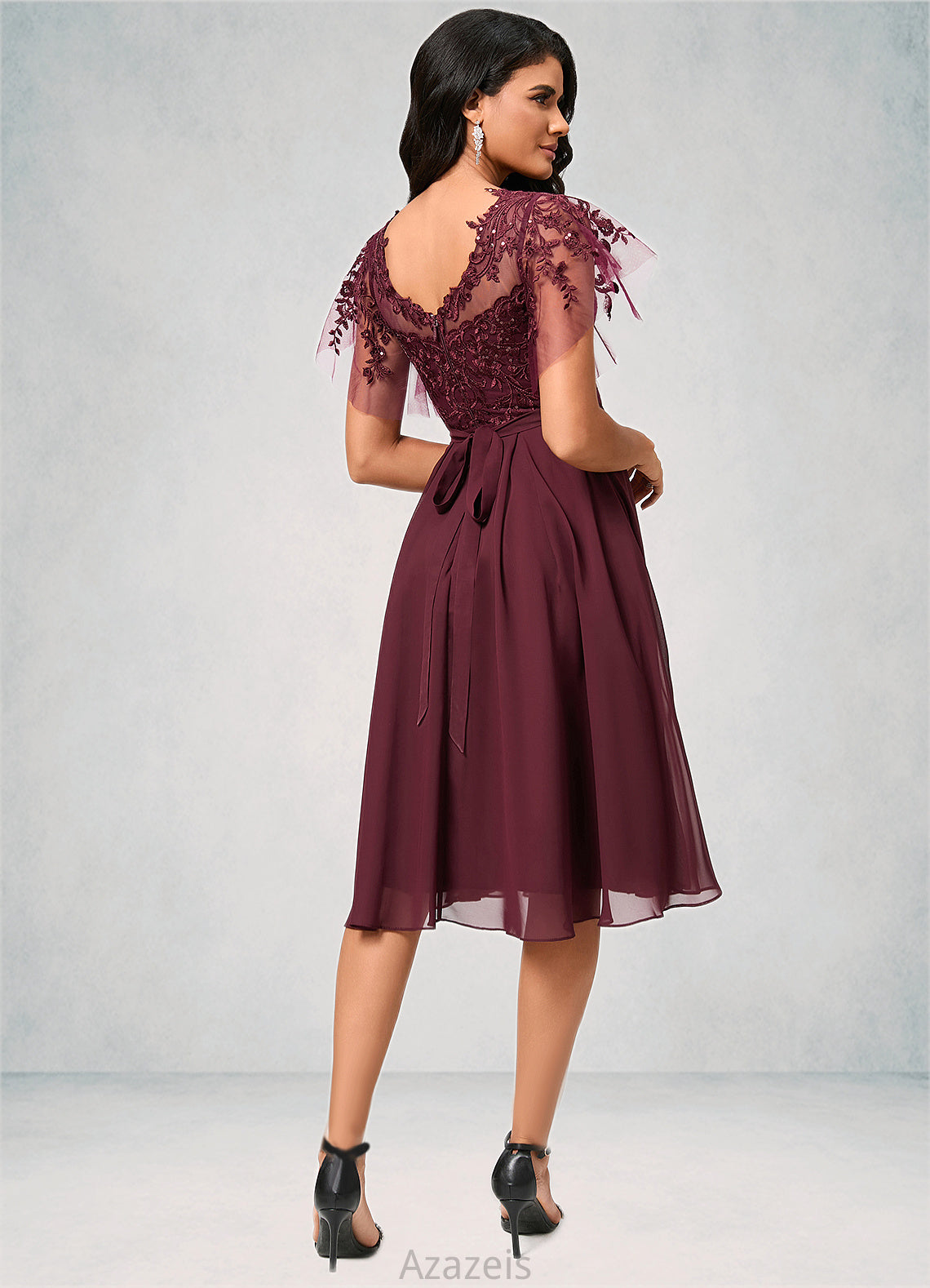 Neveah A-line Illusion Knee-Length Chiffon Cocktail Dress With Sequins DFP0022512