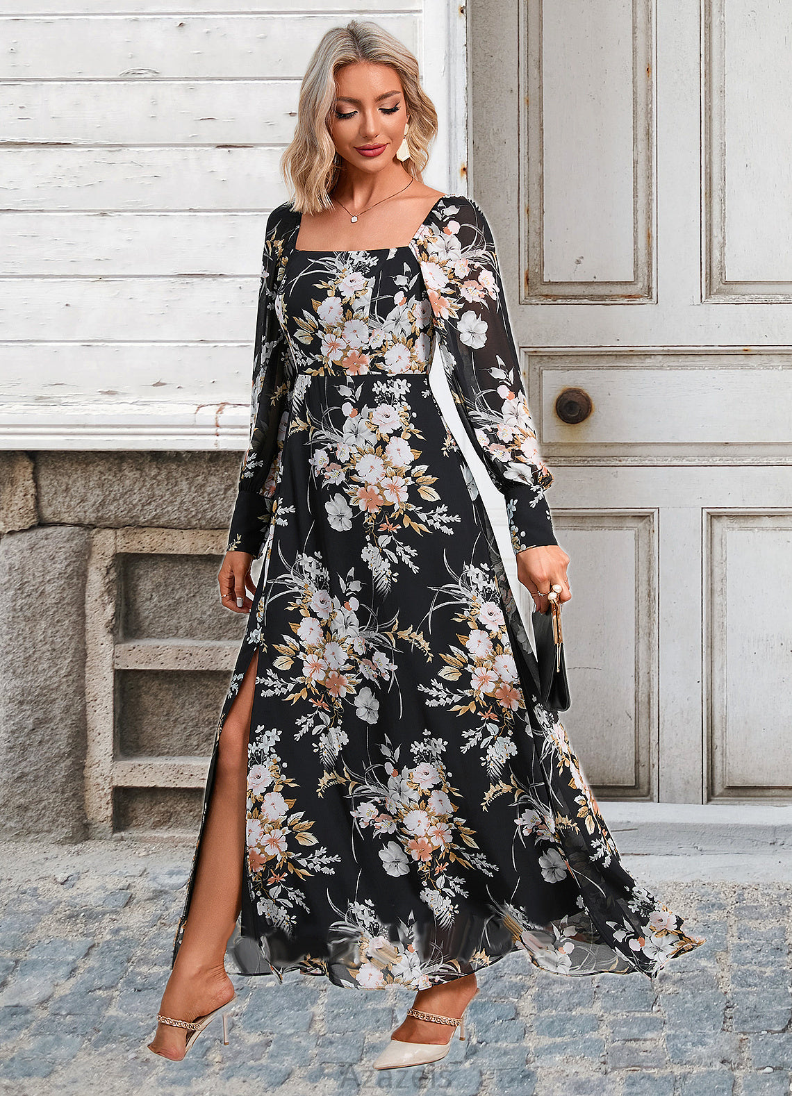 Makayla Floral Print Off the Shoulder Elegant A-line Chiffon Maxi Dresses DFP0022515