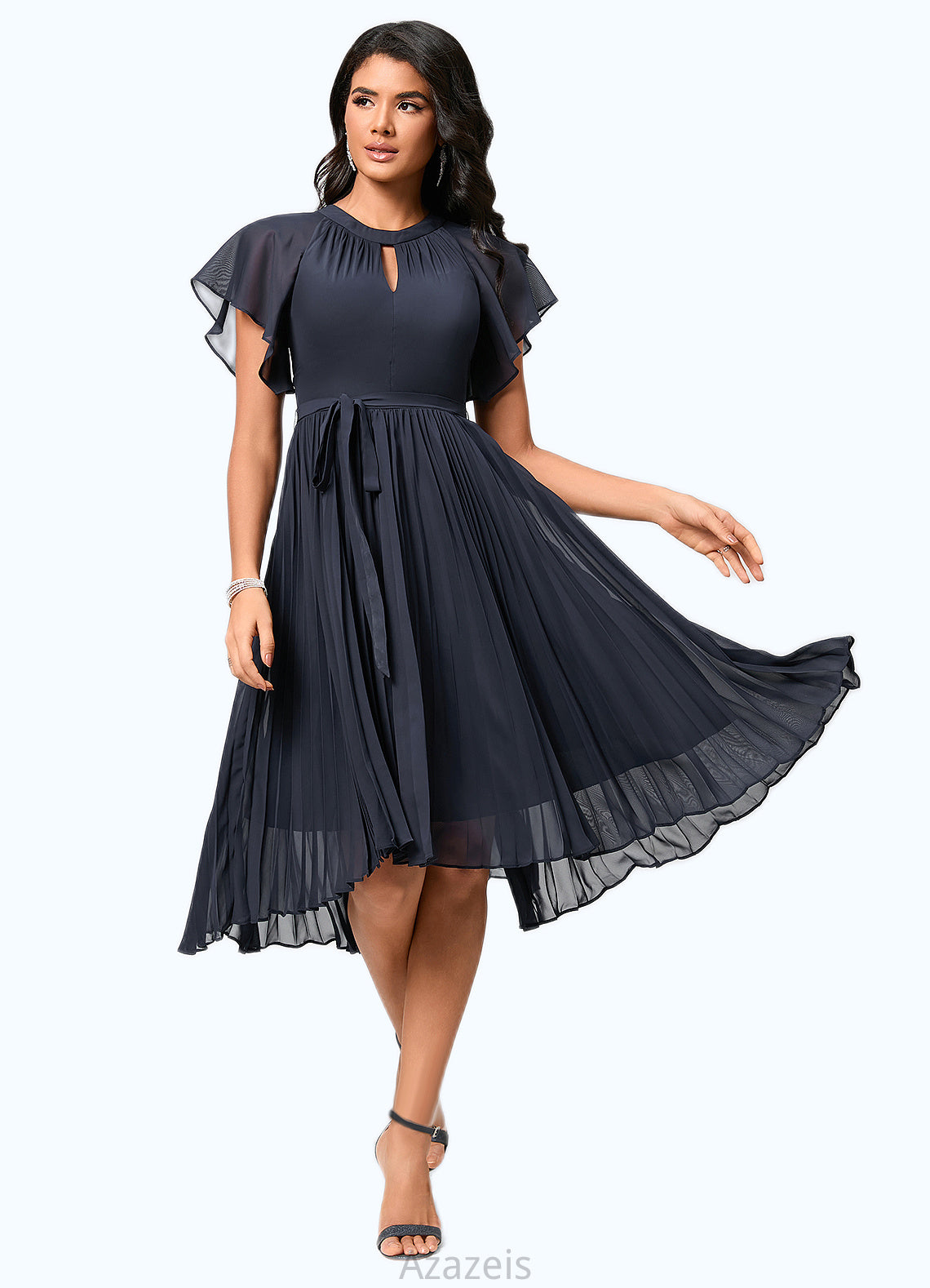 Averie A-line Scoop Asymmetrical Chiffon Cocktail Dress With Bow Pleated DFP0022530