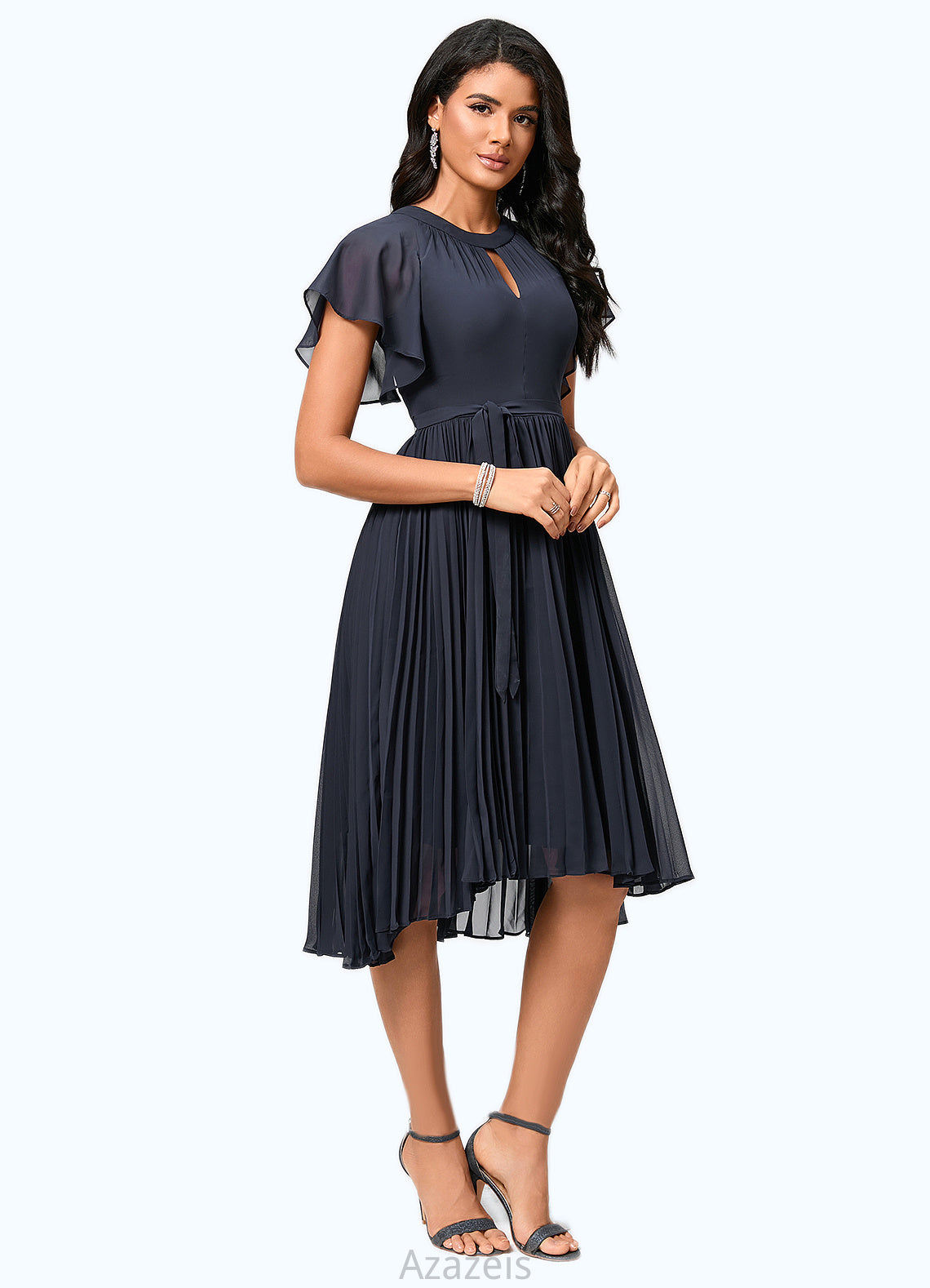 Averie A-line Scoop Asymmetrical Chiffon Cocktail Dress With Bow Pleated DFP0022530