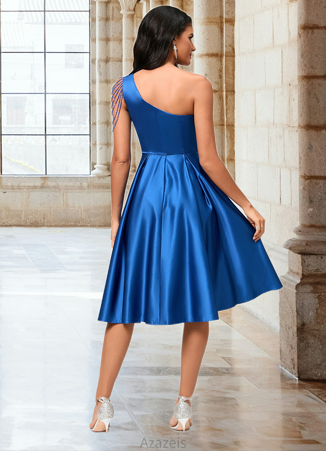 Germaine A-line One Shoulder Knee-Length Satin Cocktail Dress With Beading Pleated DFP0022531