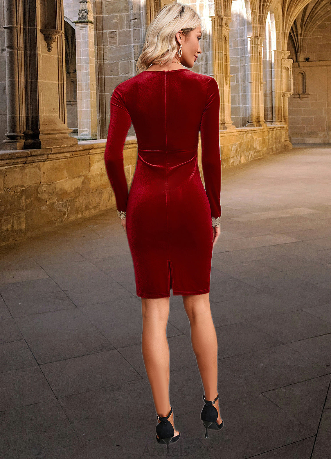 Karissa Appliques Lace V-Neck Elegant Bodycon Velvet Mini Dresses DFP0022560