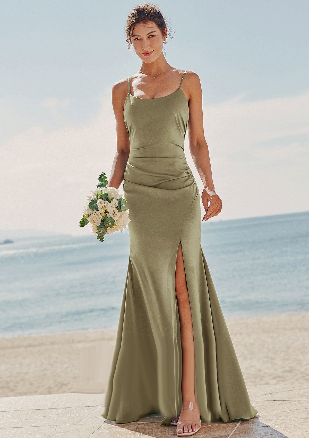 Trumpet/Mermaid Scoop Neck Sleeveless Floor-Length Stretch Satin Bridesmaid Dresses with Pleated Split Leilani DFP0025219
