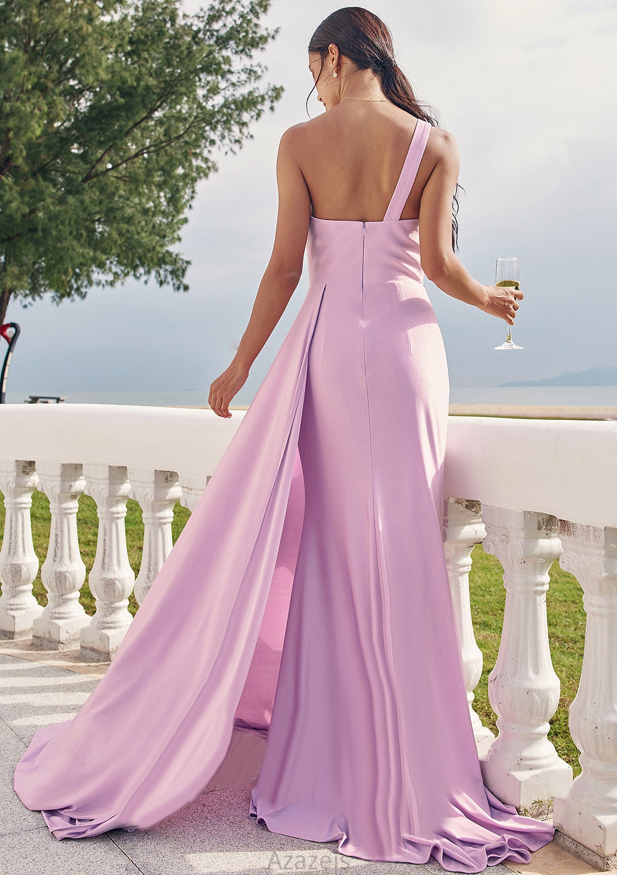 Trumpet/Mermaid One-Shoulder Sleeveless Floor-Length Jersey Bridesmaid Dresses with Pleated Side Draping Lillie DFP0025234