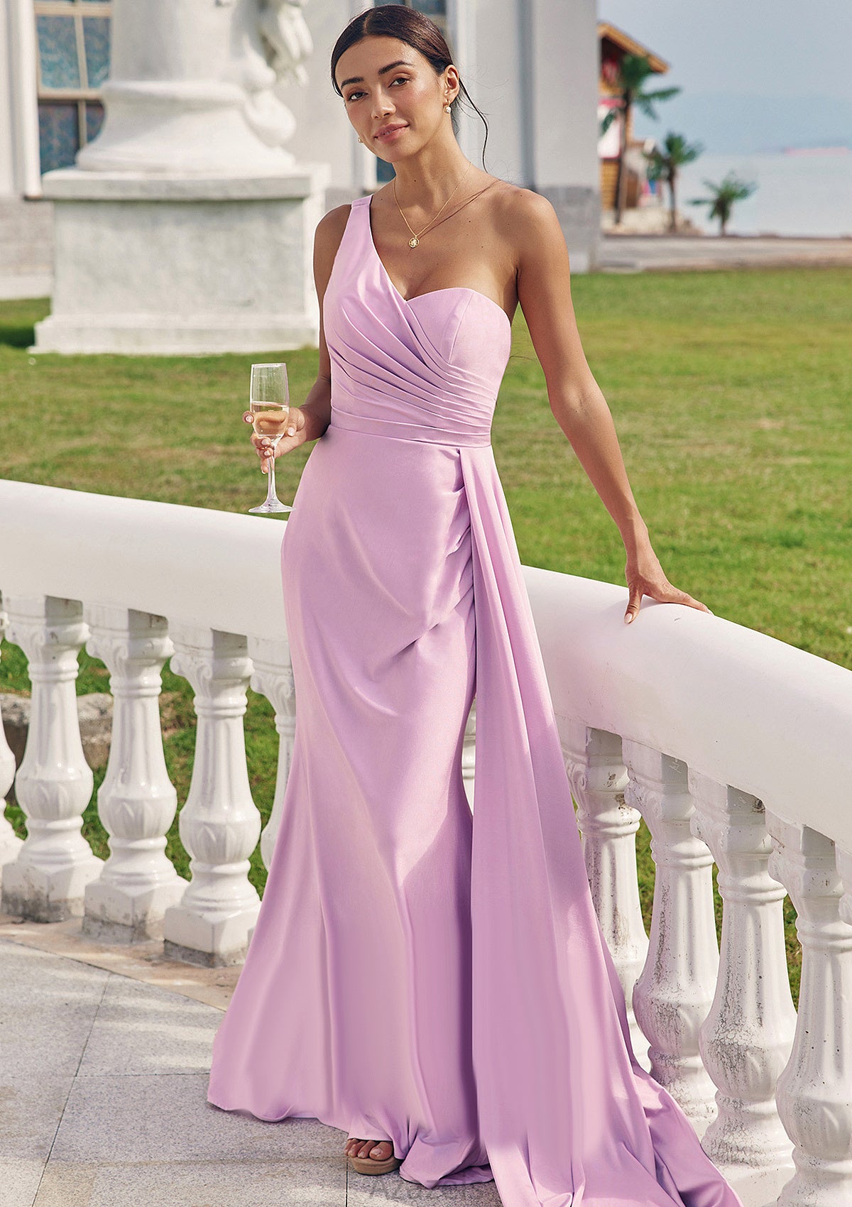 Trumpet/Mermaid One-Shoulder Sleeveless Floor-Length Jersey Bridesmaid Dresses with Pleated Side Draping Lillie DFP0025234