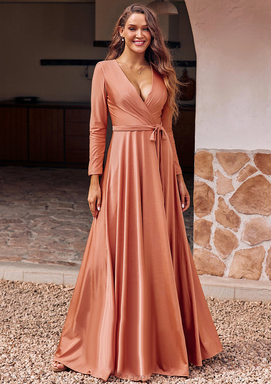 A-line V Neck Full/Long Sleeve Floor-Length Jersey Bridesmaid Dresses with Pleated Sashes Aliza DFP0025246