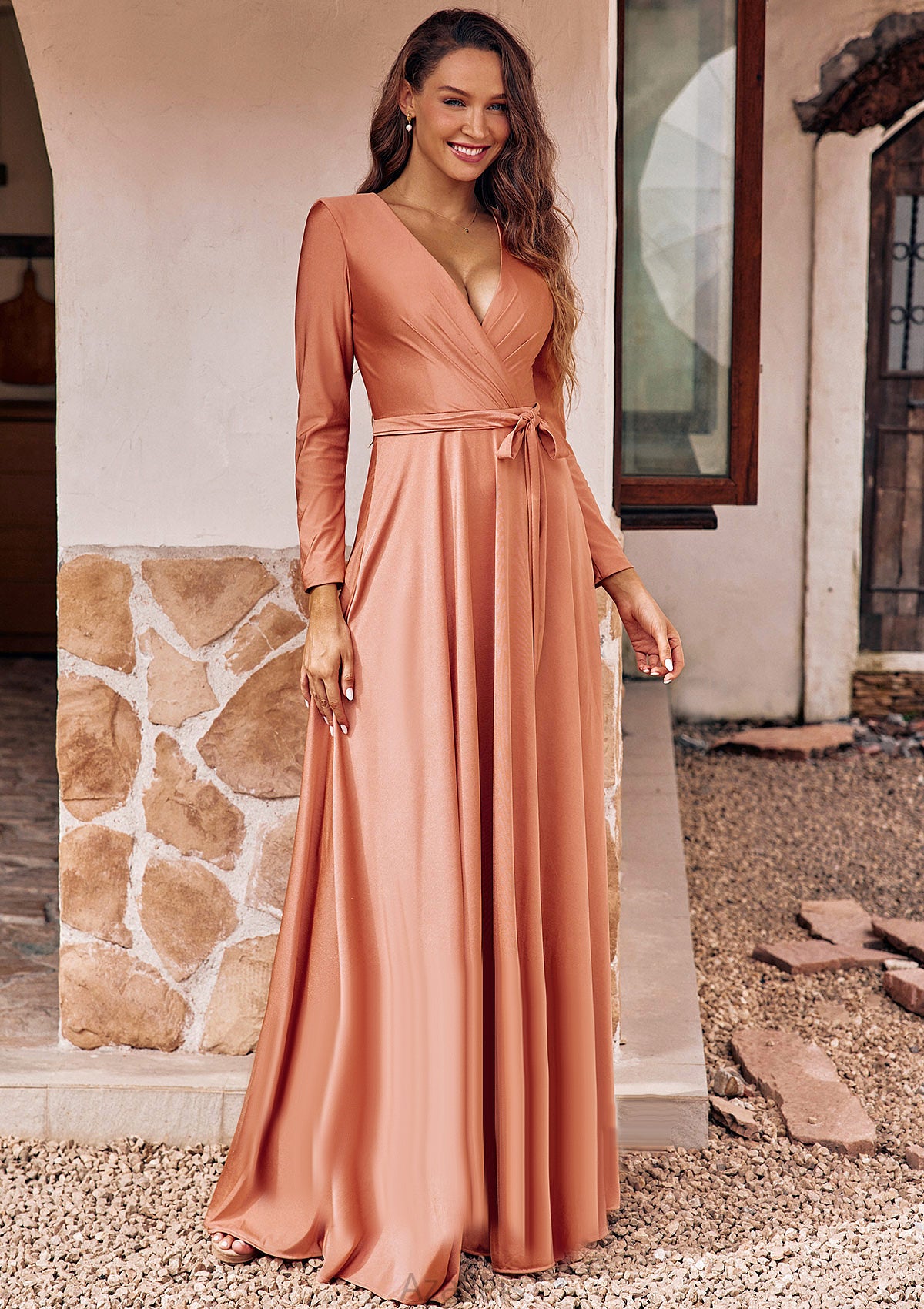 A-line V Neck Full/Long Sleeve Floor-Length Jersey Bridesmaid Dresses with Pleated Sashes Aliza DFP0025246