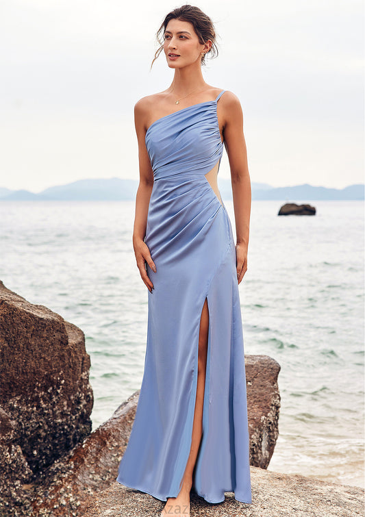 Trumpet/Mermaid One-Shoulder Sleeveless Floor-Length Stretch Satin Bridesmaid Dresses with Pleated Split Delaney DFP0025254