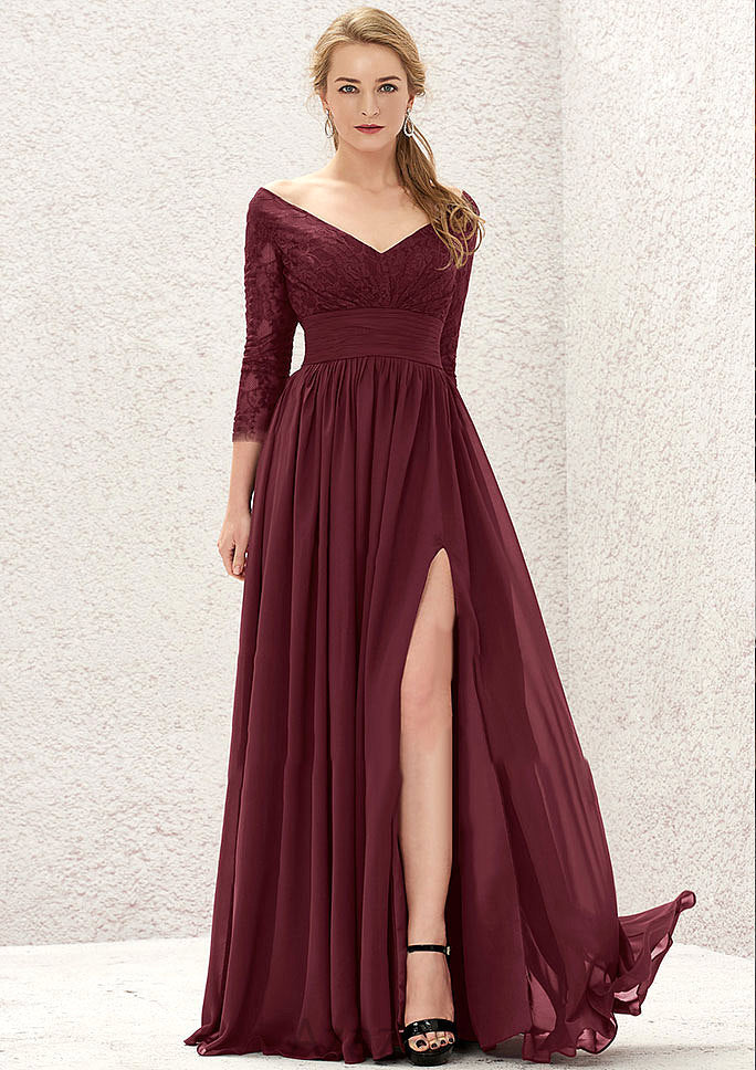 A-line V Neck Full/Long Sleeve Long/Floor-Length Chiffon Bridesmaid Dresses With Lace Split Pleated Andrea DFP0025304