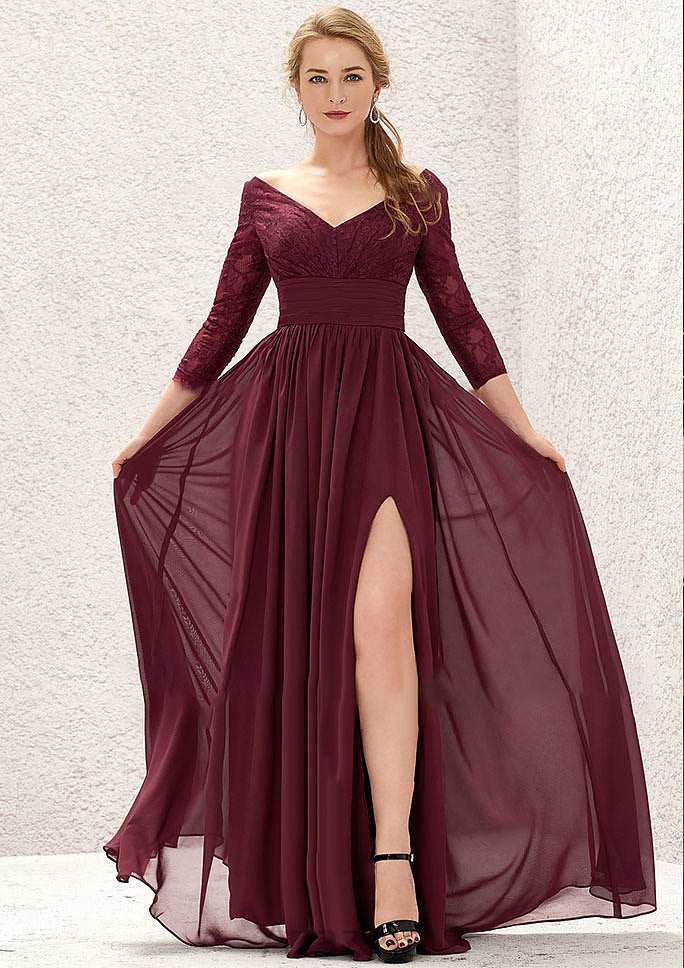 A-line V Neck Full/Long Sleeve Long/Floor-Length Chiffon Bridesmaid Dresses With Lace Split Pleated Andrea DFP0025304