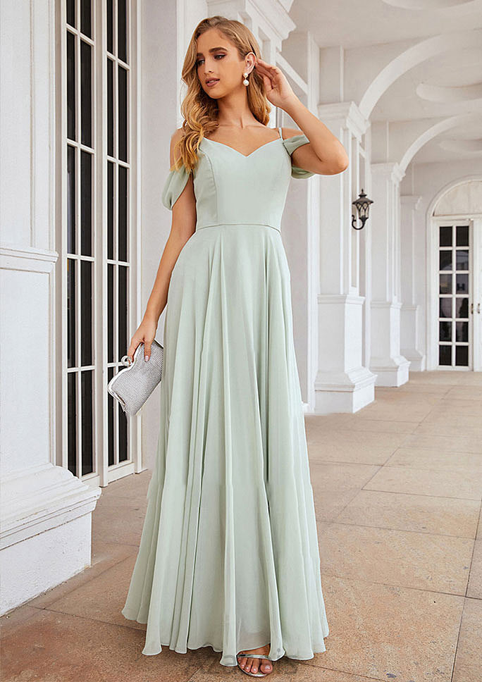 A-line Off-the-Shoulder Sleeveless Long/Floor-Length Chiffon Bridesmaid Dresseses With Pleated Belinda DFP0025307