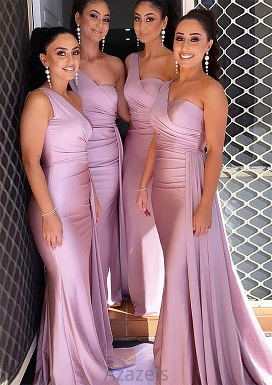 Trumpet/Mermaid One-Shoulder Sleeveless Sweep Train Jersey Bridesmaid Dresses With Pleated Side Draping Delilah DFP0025308