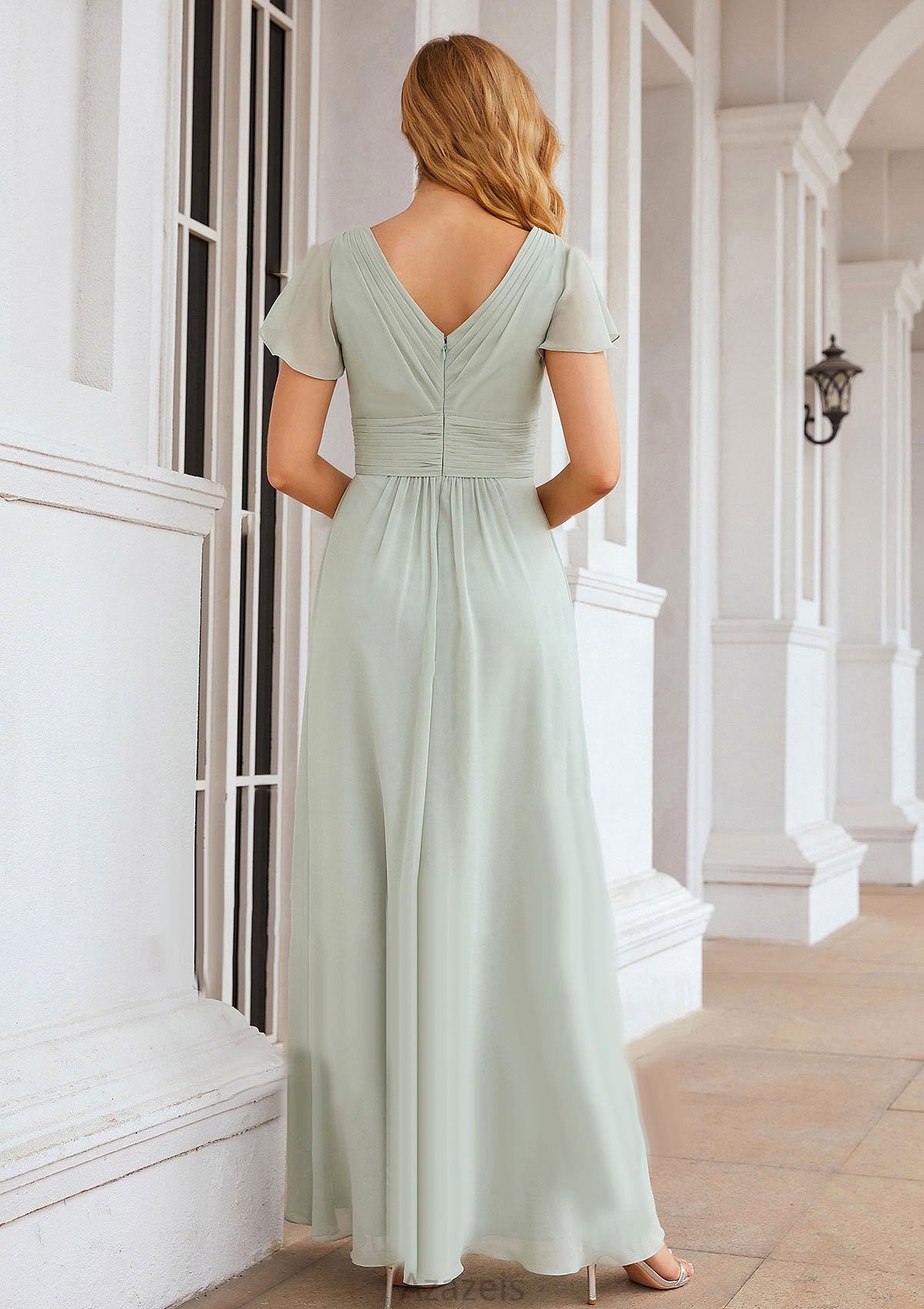 A-line V Neck Short Sleeve Long/Floor-Length Chiffon Bridesmaid Dresses With Pleated Alanna DFP0025309