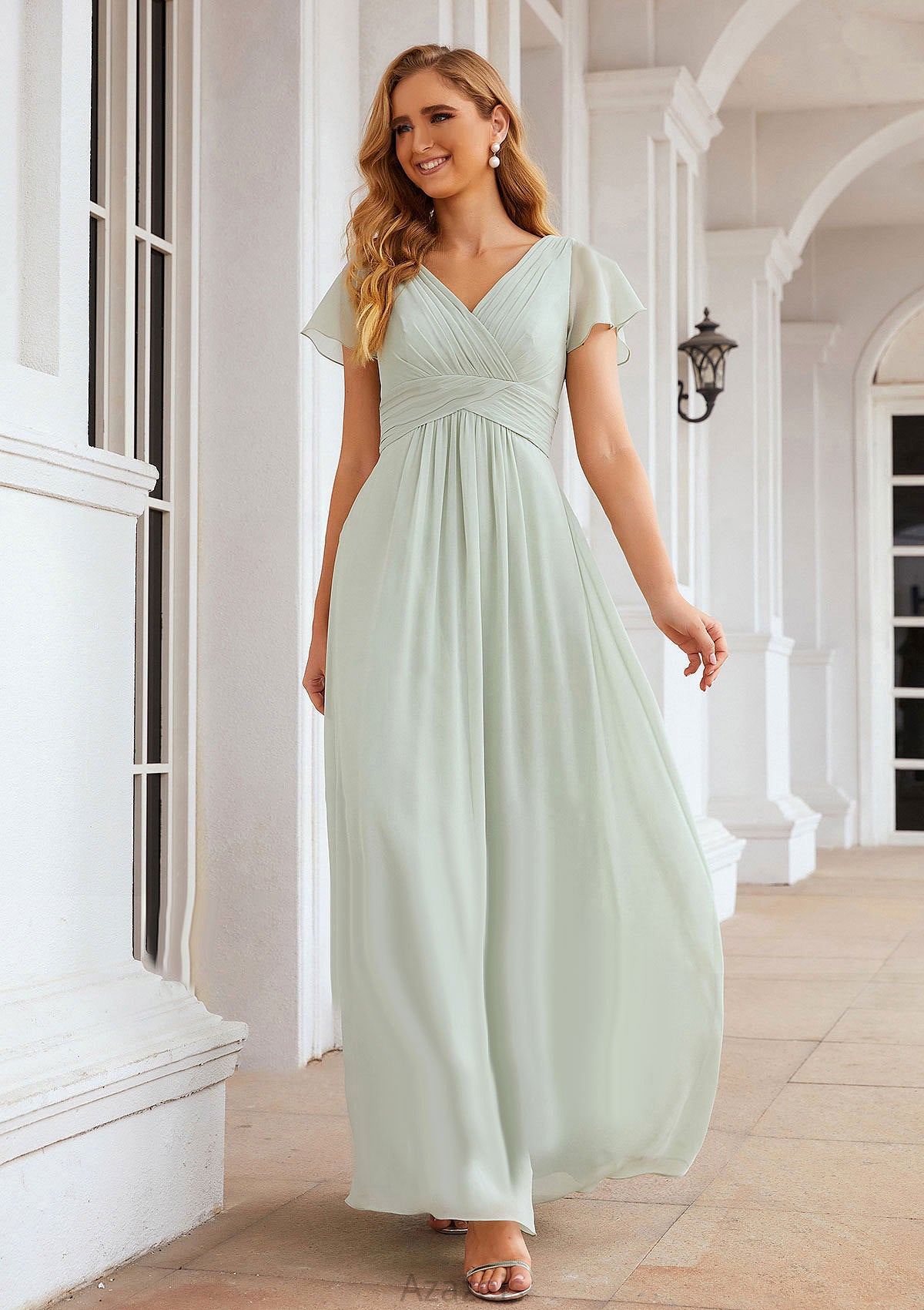 A-line V Neck Short Sleeve Long/Floor-Length Chiffon Bridesmaid Dresses With Pleated Alanna DFP0025309