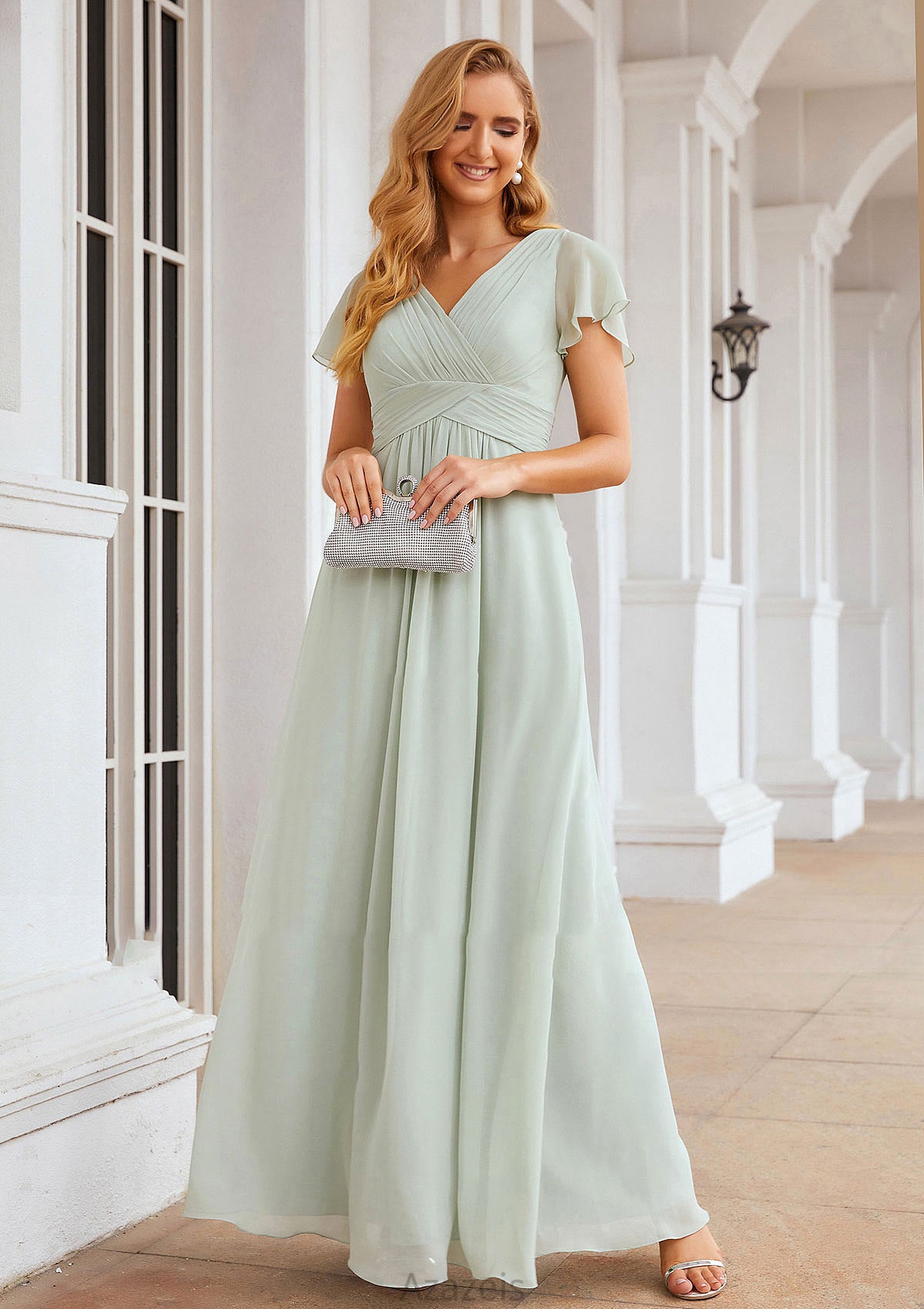 A-line V Neck Short Sleeve Long/Floor-Length Chiffon Bridesmaid Dresses With Pleated Alanna DFP0025309