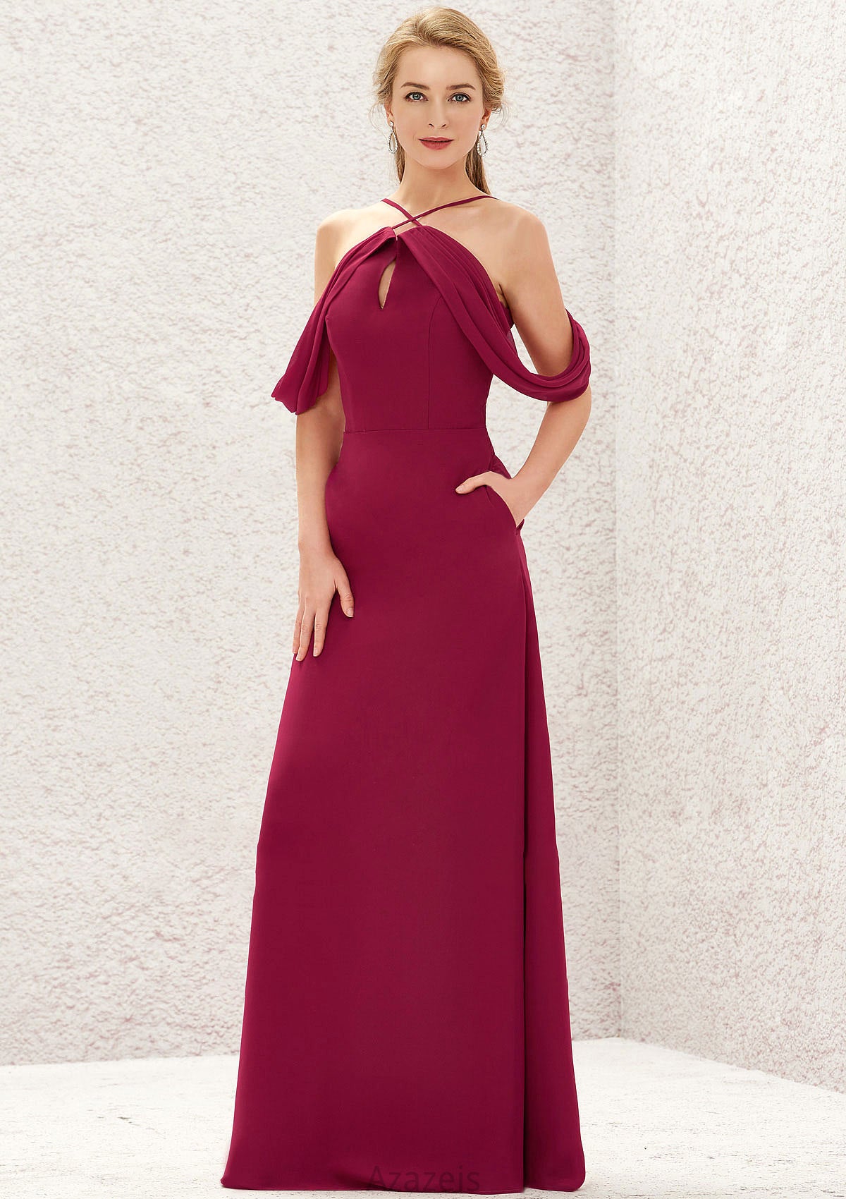 A-line Scalloped Neck Sleeveless Chiffon Long/Floor-Length Bridesmaid Dresses With Pockets Jacey DFP0025310