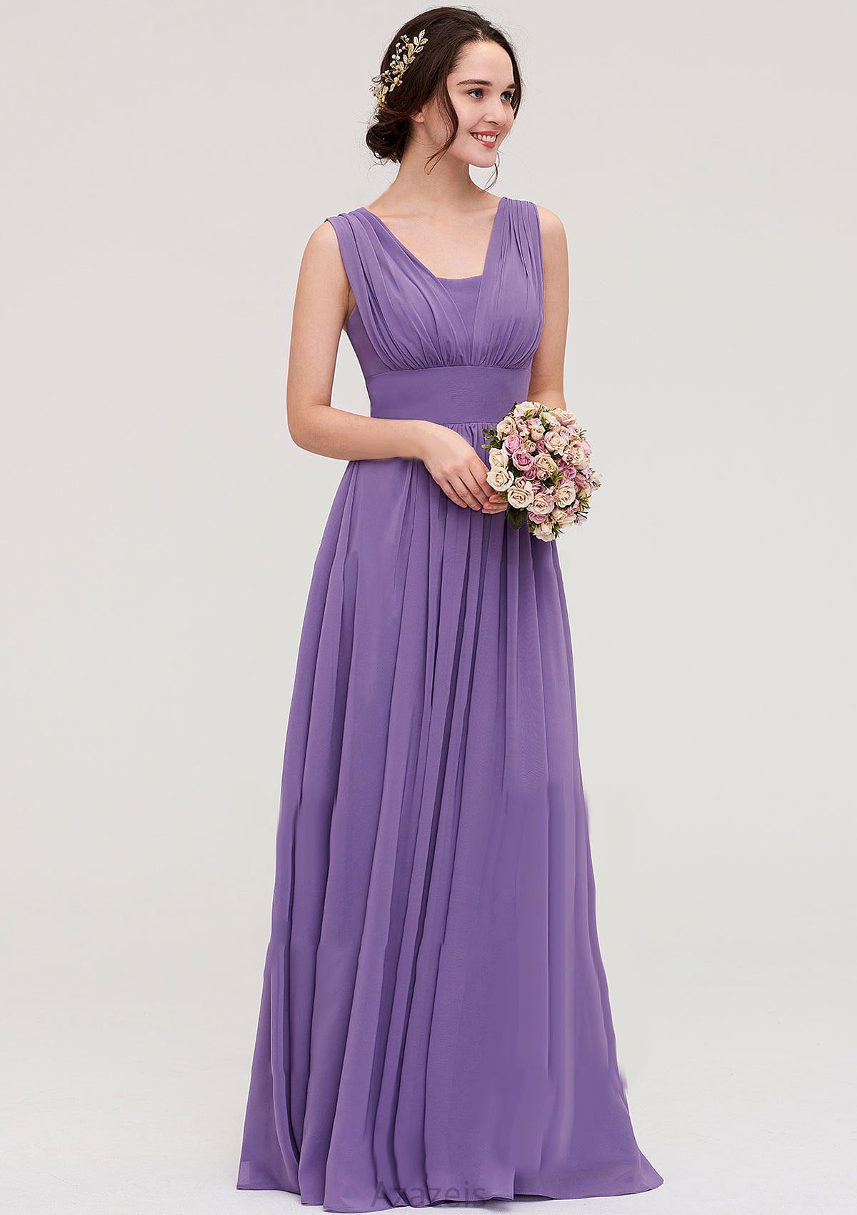 Sleeveless Scalloped Neck Chiffon Long/Floor-Length Bridesmaid Dresseses With Pleated Lesley DFP0025314