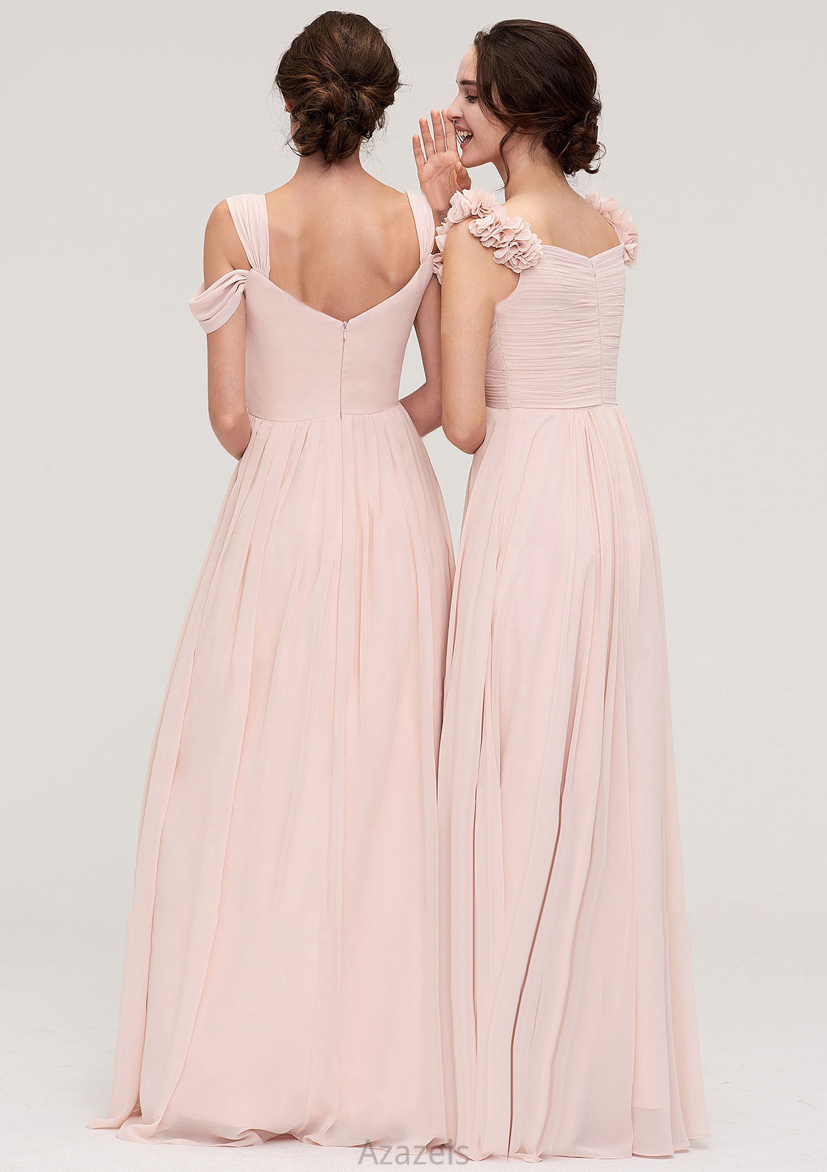 Sweetheart Sleeveless A-line/Princess Chiffon Long/Floor-Length Bridesmaid Dresses With Pleated Shoulder Flower Ansley DFP0025315