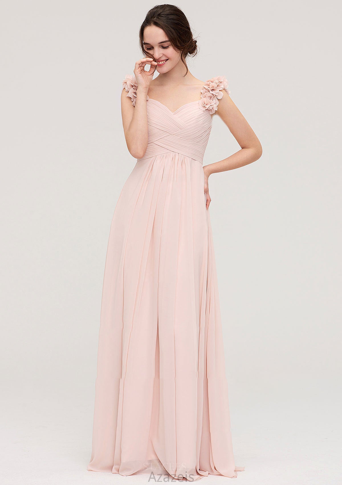 Sweetheart Sleeveless A-line/Princess Chiffon Long/Floor-Length Bridesmaid Dresses With Pleated Shoulder Flower Ansley DFP0025315