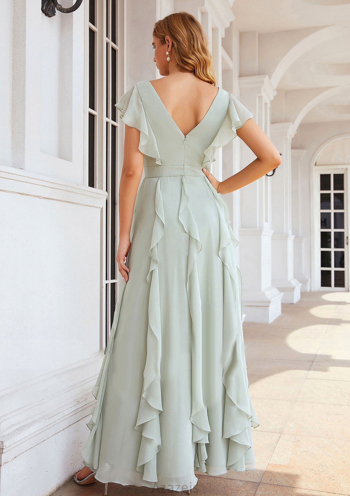 A-line V Neck Short Sleeve Long/Floor-Length Chiffon Bridesmaid Dresses With Pleated Ruffles Hillary DFP0025316