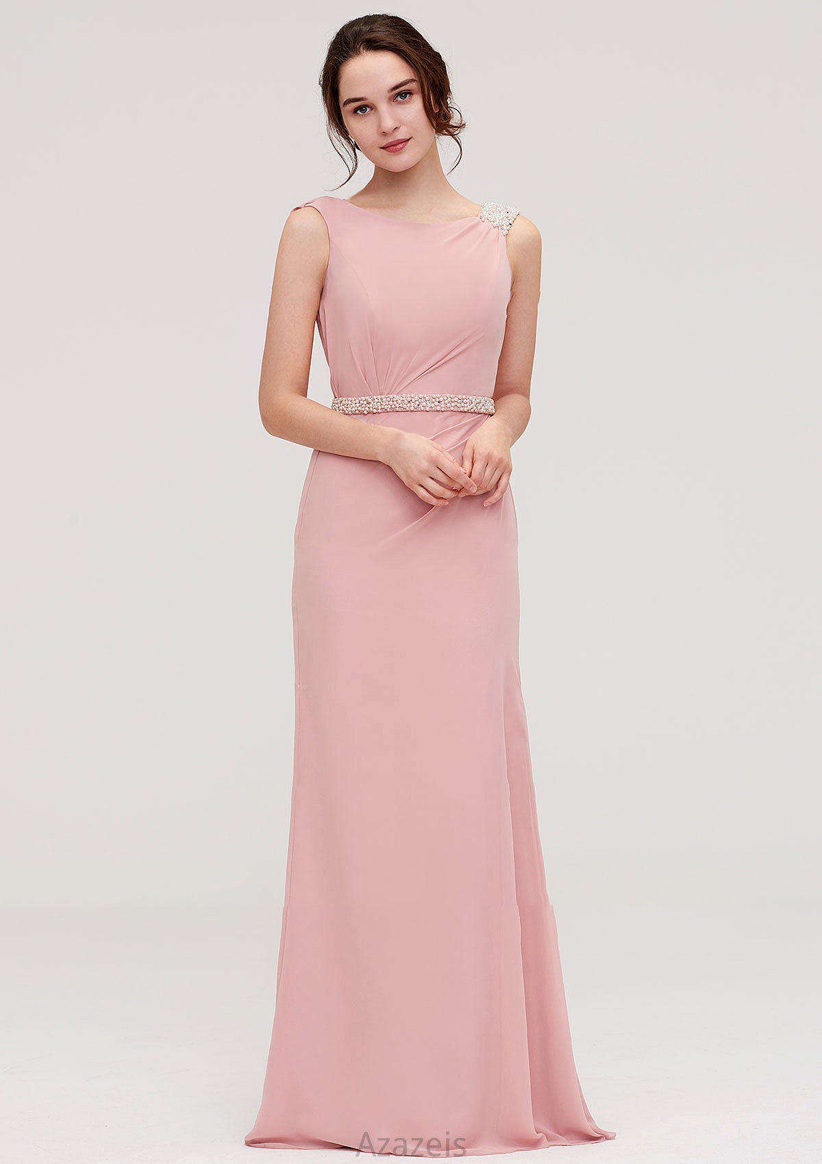 Sleeveless Sheath/Column Long/Floor-Length Chiffon Bridesmaid Dresses With Waistband Beading Noelle DFP0025317