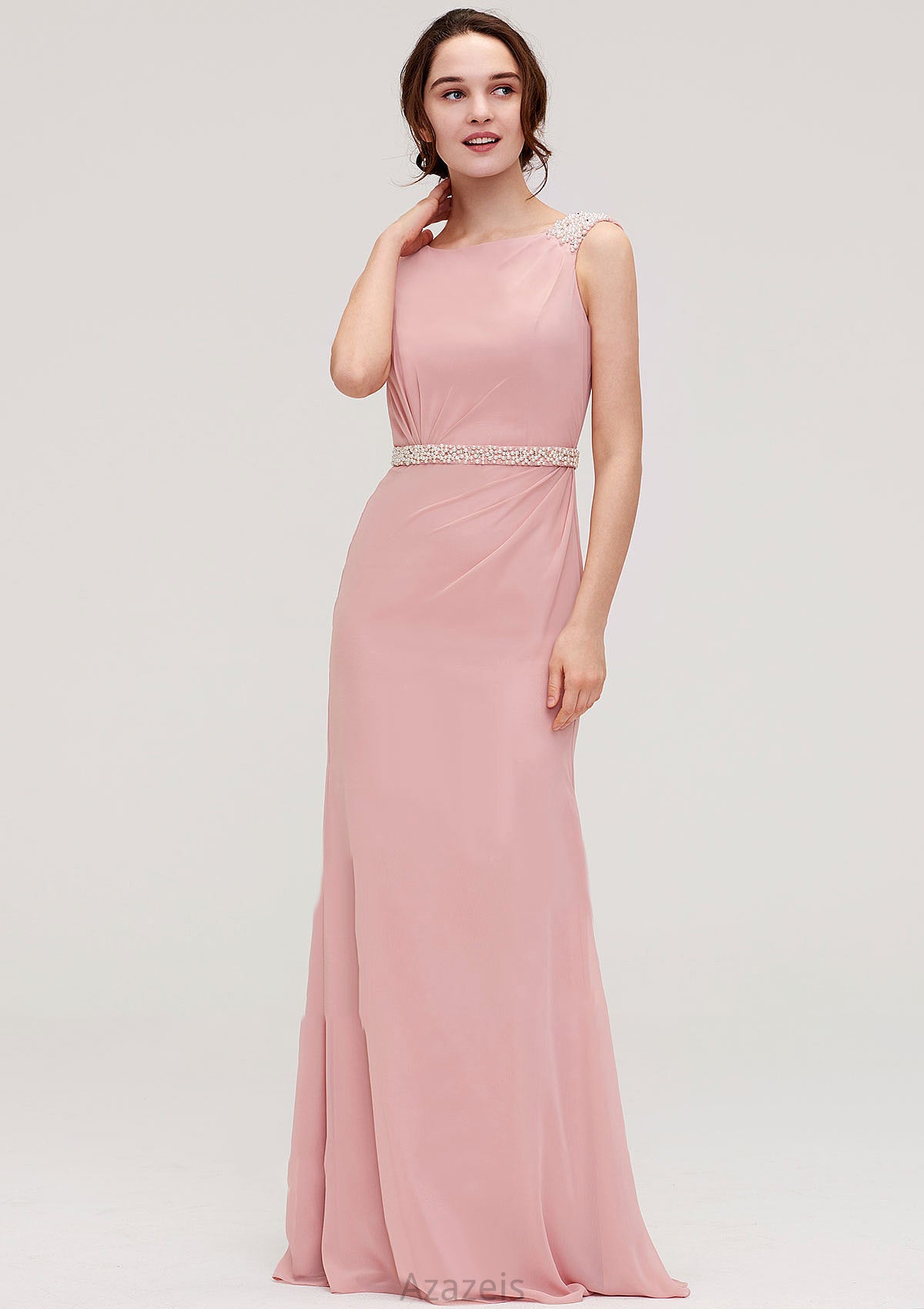 Sleeveless Sheath/Column Long/Floor-Length Chiffon Bridesmaid Dresses With Waistband Beading Noelle DFP0025317