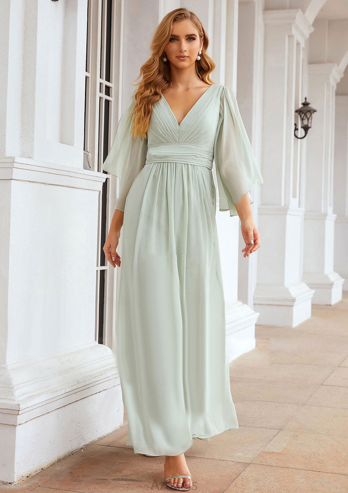 Sheath/Column V Neck 3/4 Sleeve Long/Floor-Length Chiffon Bridesmaid Dresses With Pleated Ansley DFP0025318